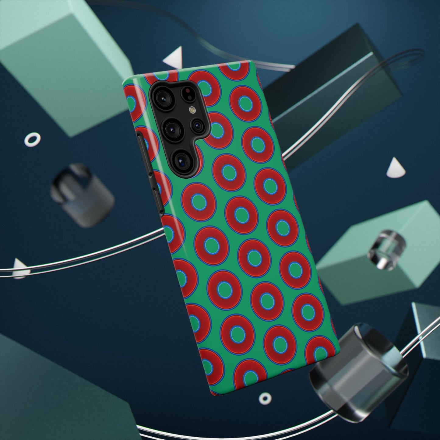 Impact-Resistant Lumpy Donut Case - red vivid donut print w/jade green background
