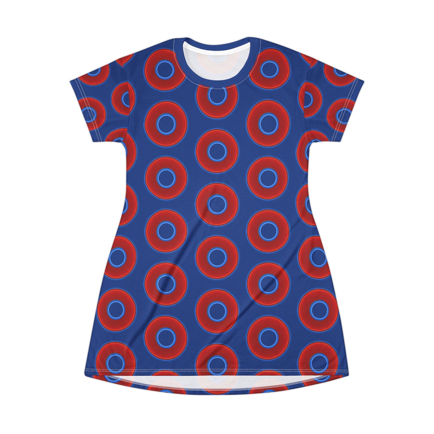 Not a Muumuu AOP Tee Shirt Dress - red vivid donuts w/dark blue background