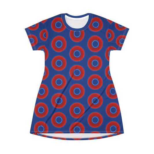 Not a Muumuu AOP Tee Shirt Dress - red vivid donuts w/dark blue background