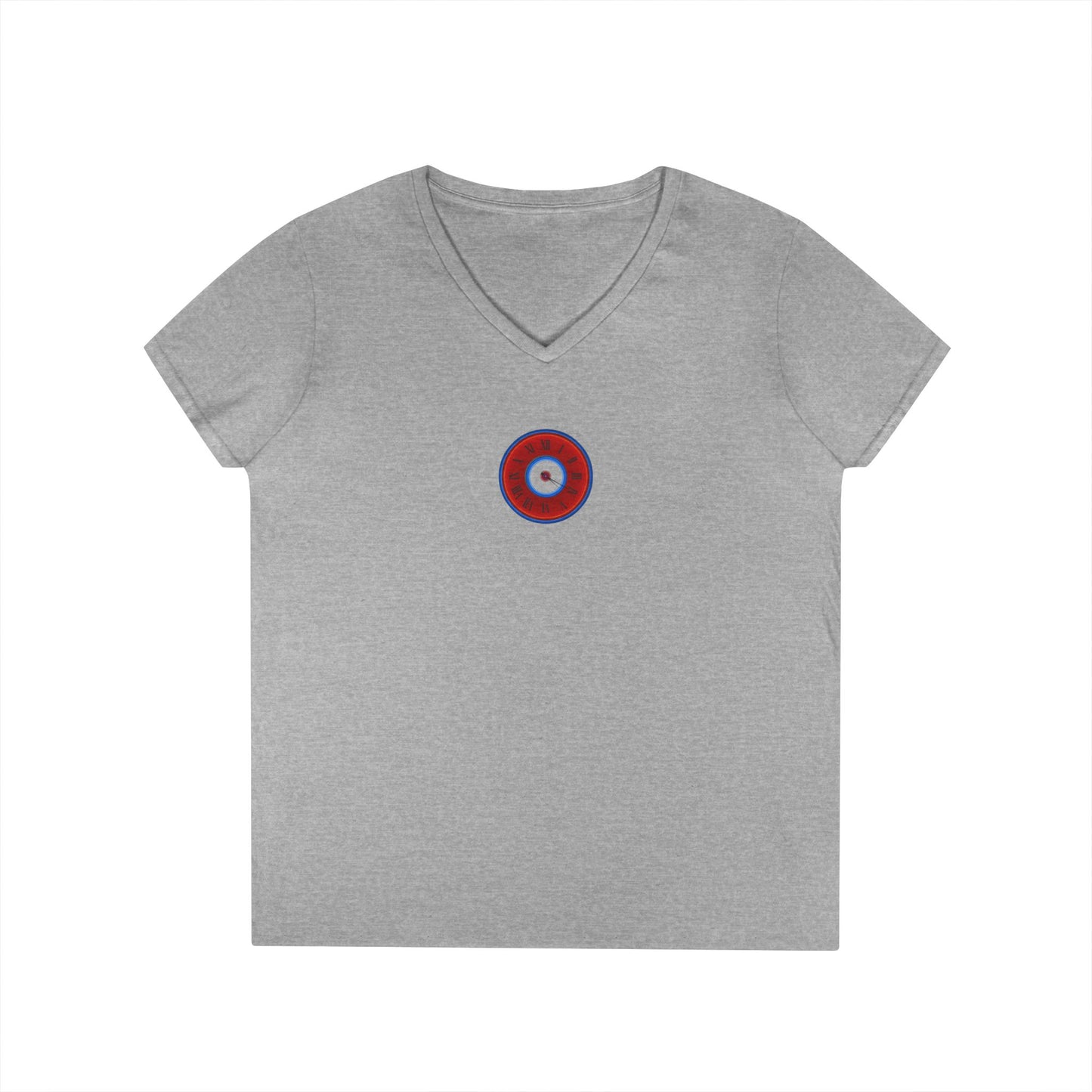 Women's Donut V-Neck Tee - "Time Treasurer's Donut Tee" - vivid red donut w/clock face