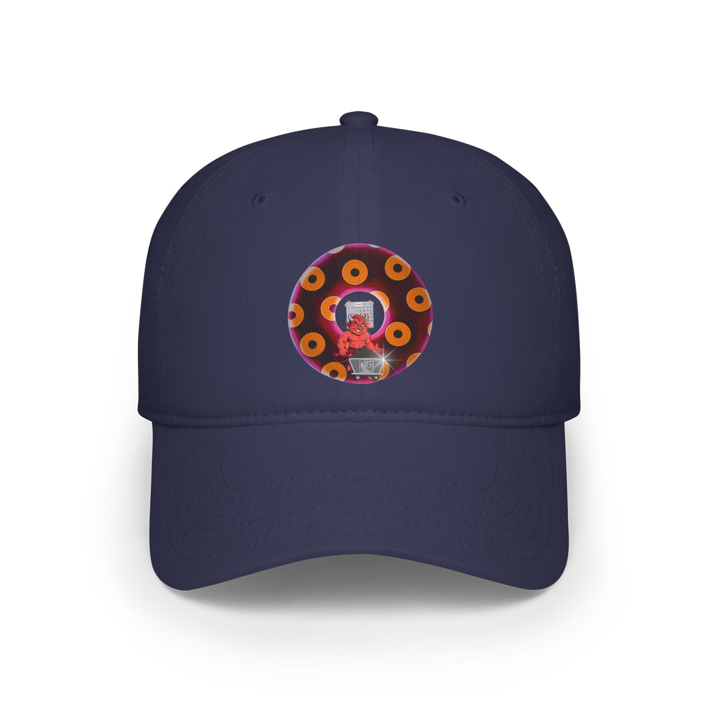 Lumpy Donut Baseball Cap - "46 Donuts Taste The Fear" - paradoxical dark magenta/orange blimpy donut w/