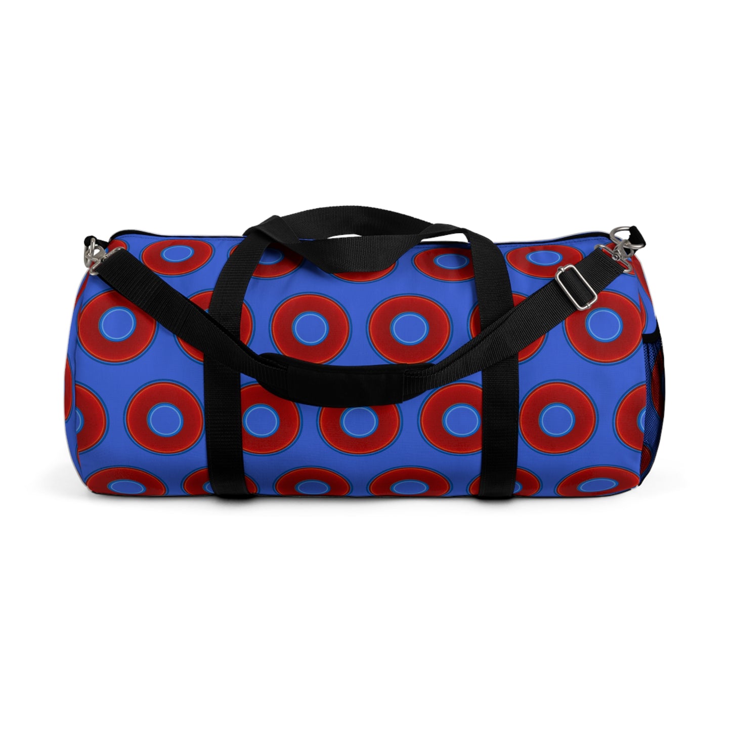 Lumpy Duffel - vivid red donuts w/royal blue background