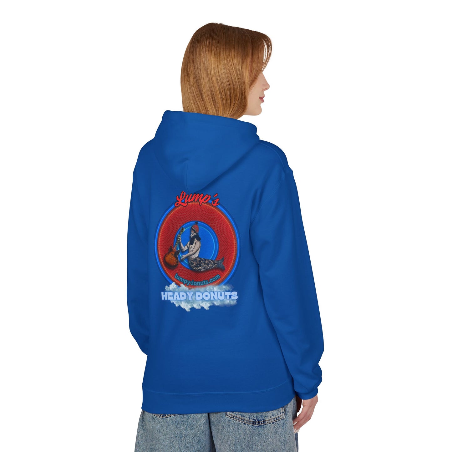 Unisex Fleece Hoodie - [Midweight Soft-style] - "Lump's Heady Logo" - w/rustic red donuts