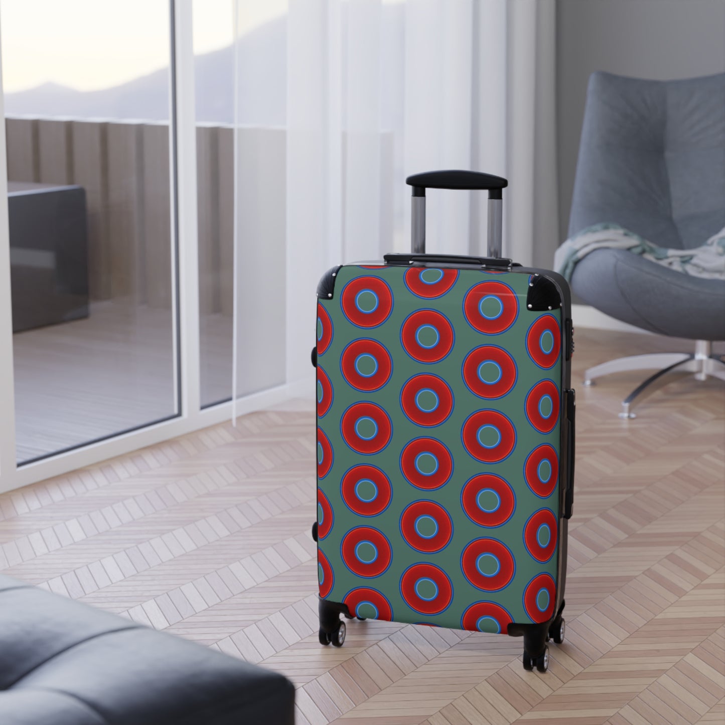 The Very Lumpy Donut Suitcase series - your choice of S, M or L - vivid red donut print w/Fenway green background
