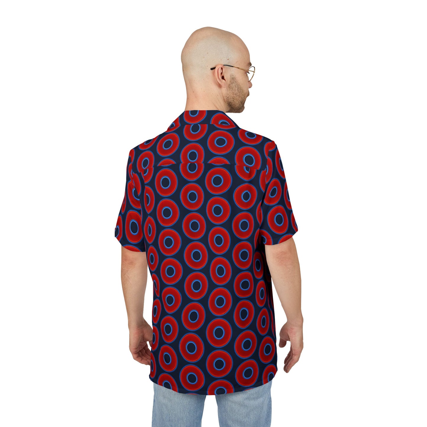 Wilson's 'Epic Hawaiian-Punch' Shirt - vivid red donut print w/dark teal elite blue background [unisex]