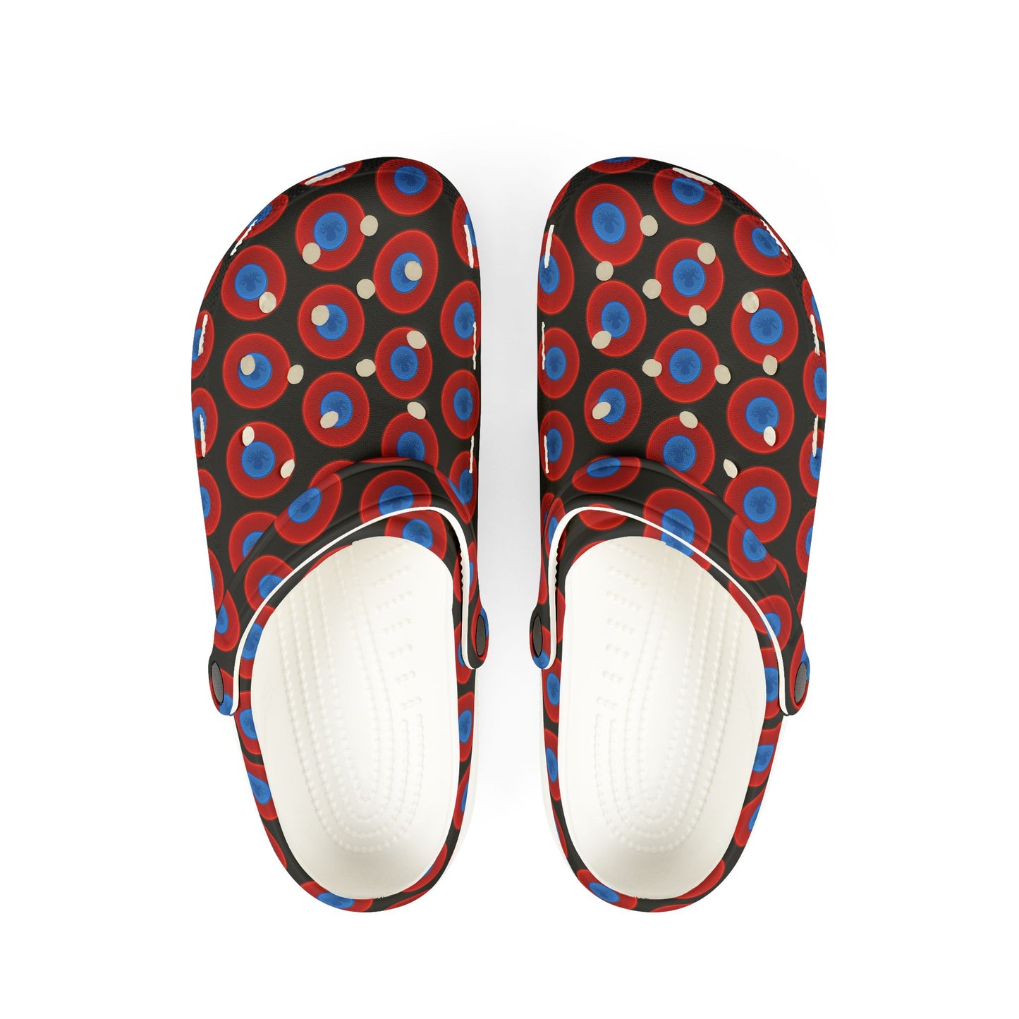 Spatchcocks - donut slip-on shoes - "Roger Moore's Octopussy Donut" - red vivid donuts w/black background [unisex]