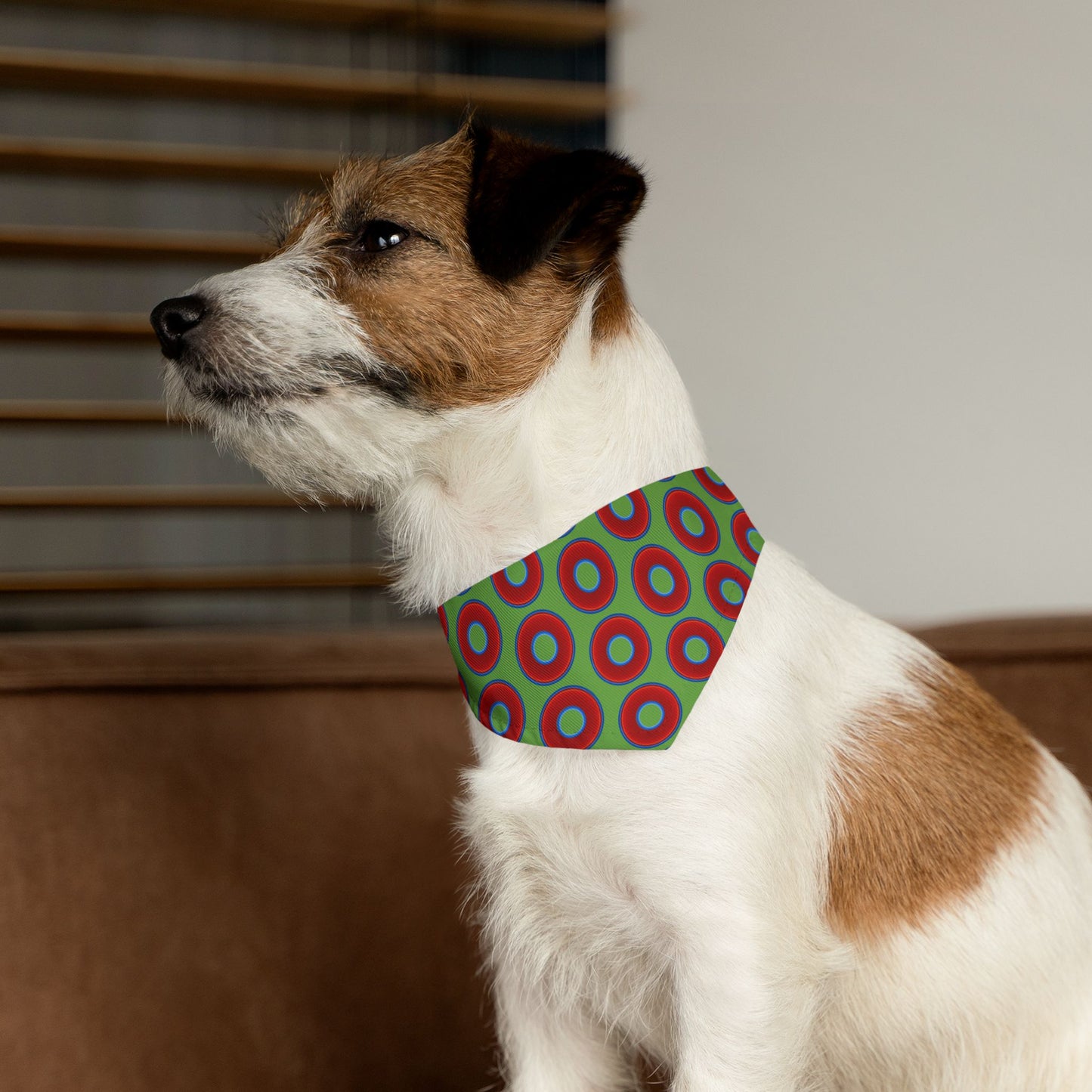 Jim's Lumpy Bandana Pet Collar - vivid red donuts w/light green background