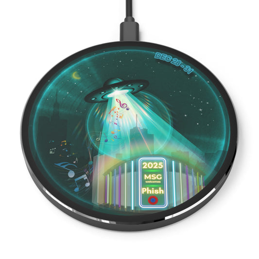 The Flow - Wireless Lumpy Donut Chargers - "Secret Ingredient? MSG Of Course" - vivid dark teal w/black background