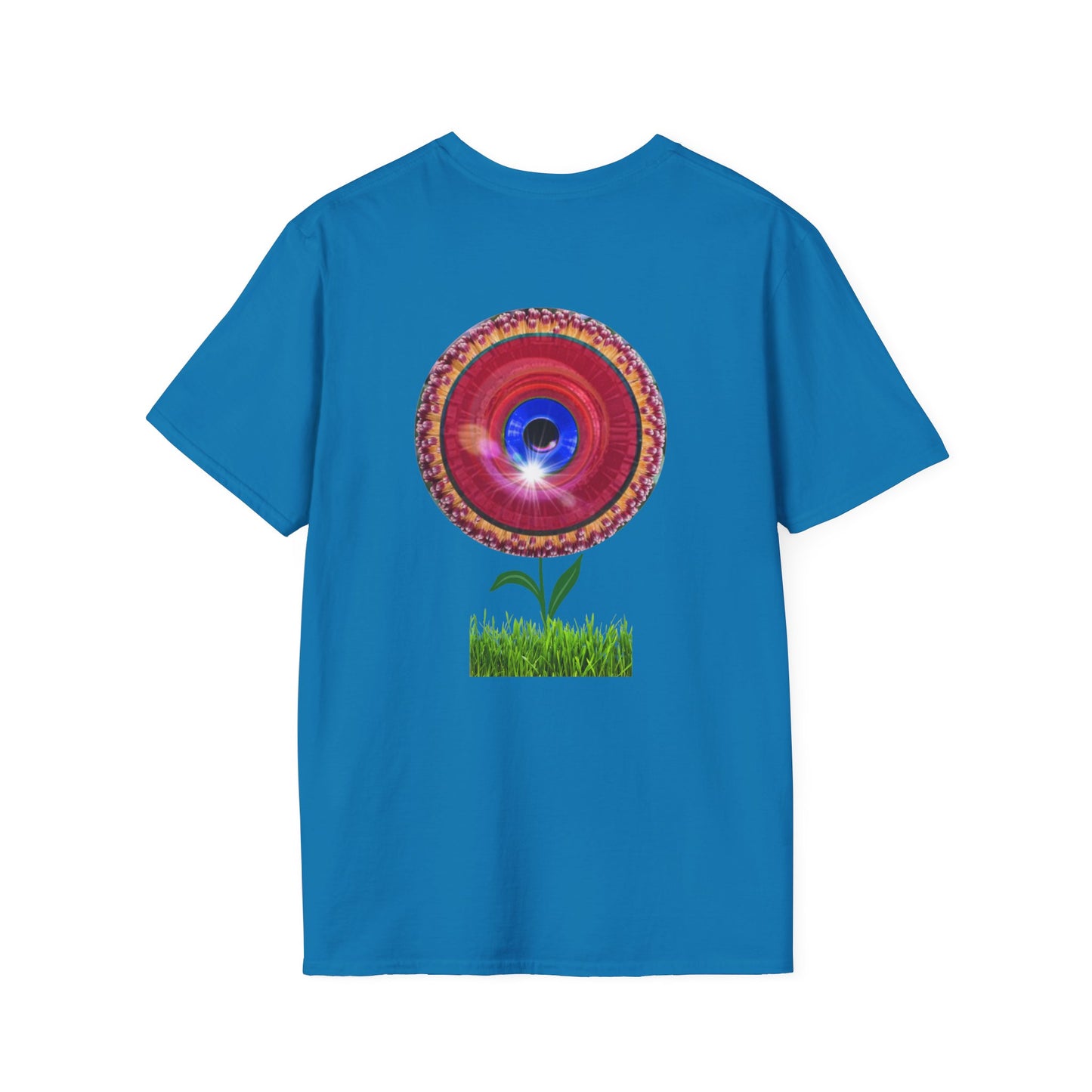 Classic Donut Tee - Unisex Soft-Style - "Smell the Donuts Outside on my Lawn"  " variant 1 - blue donut on red donut/flower