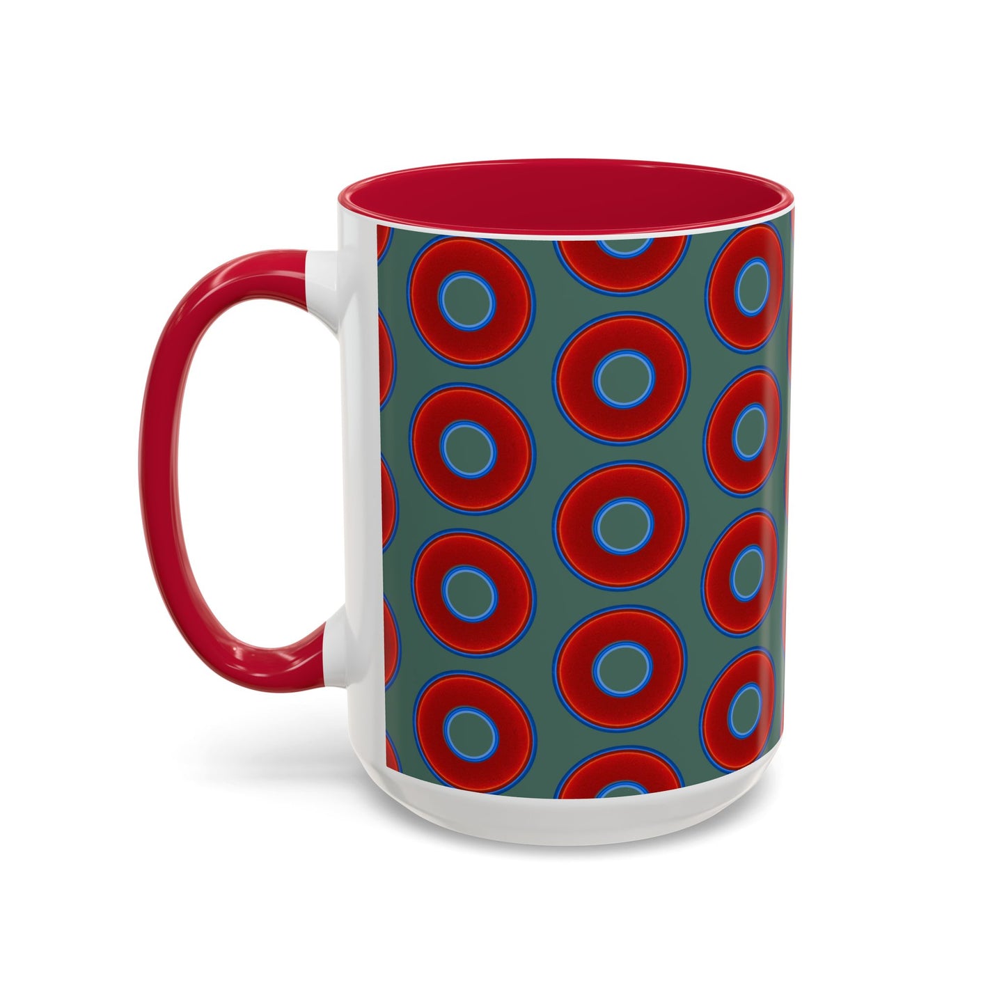 Lump's Grumpy Coffee Mug - vivid red donuts w/Fenway green background
