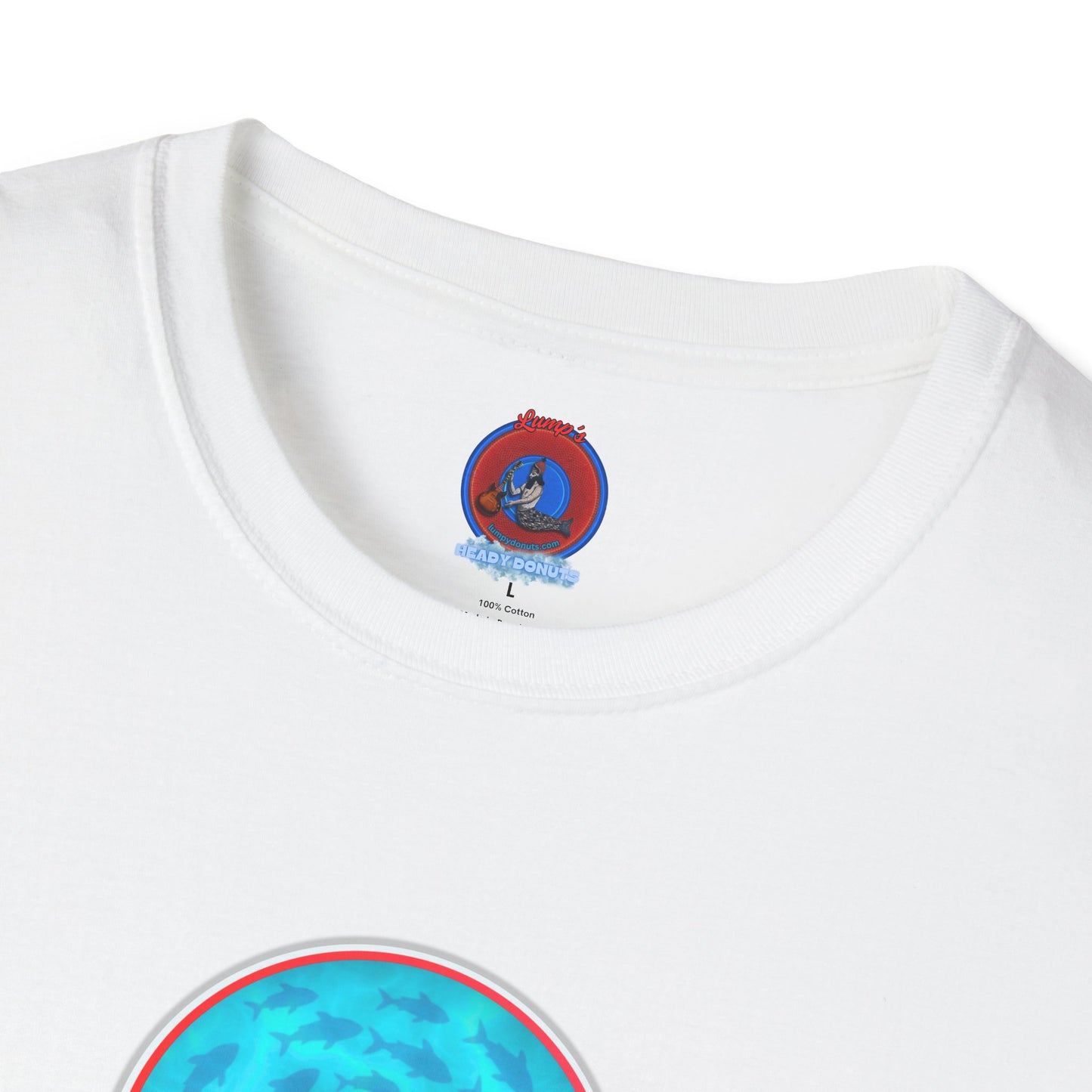 Classic Donut Tee - Unisex Soft-Style - "Skoolie of Phishies" - vivid sea donut - w/light blue water - variant 1