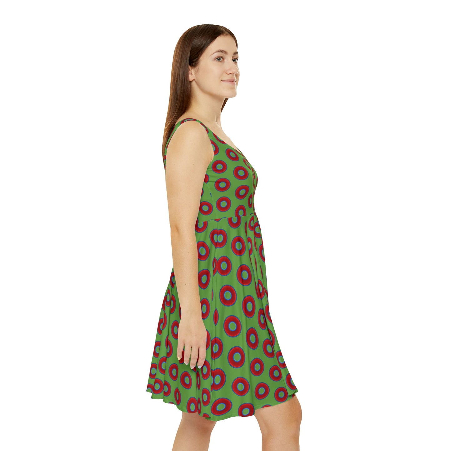Women's Skater Donut Dress - vivid red donut print w/light green background