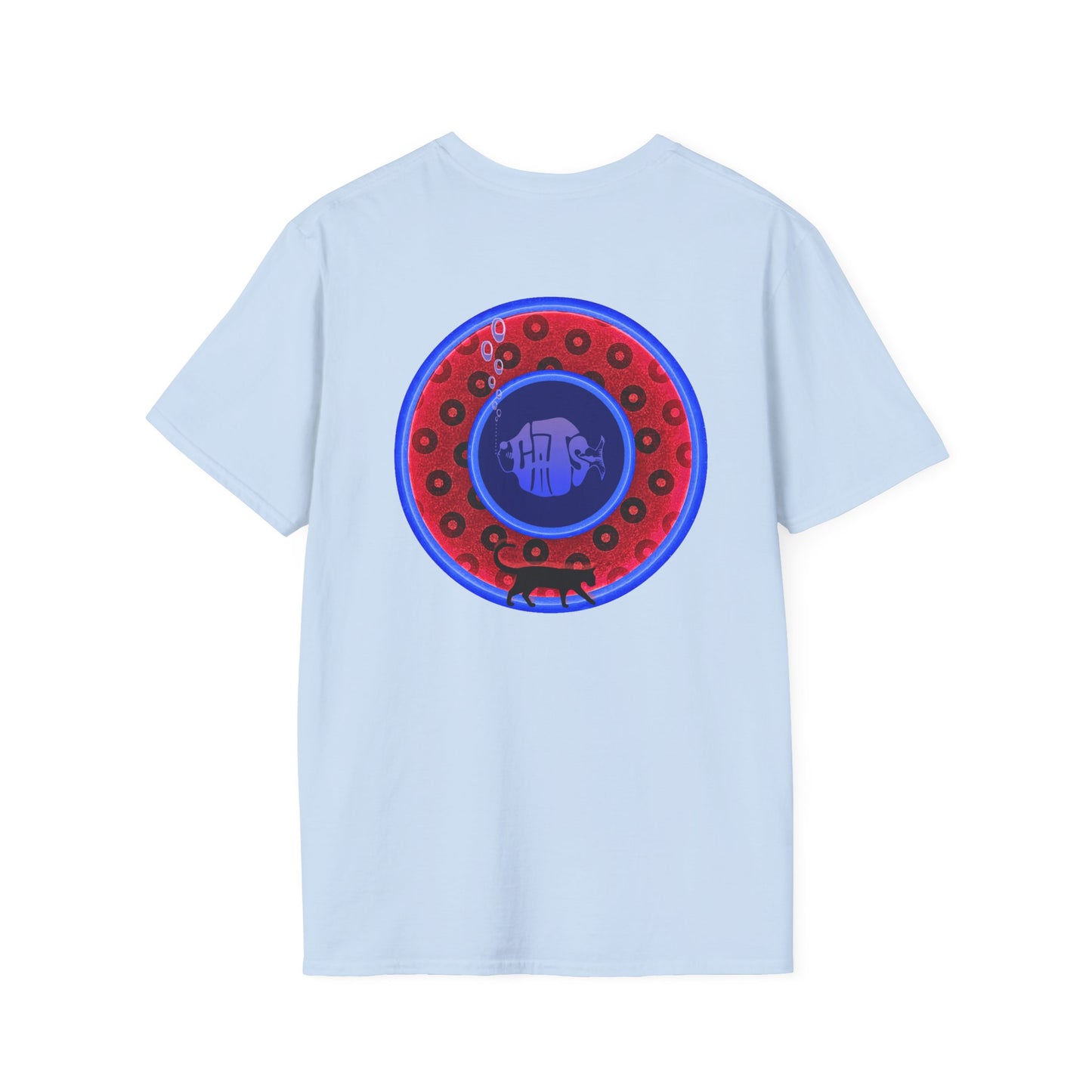 Classic Donut Tee - Unisex Soft-Style - "The Cat's Meow Donut' - red/blue paradox widemouthed donut