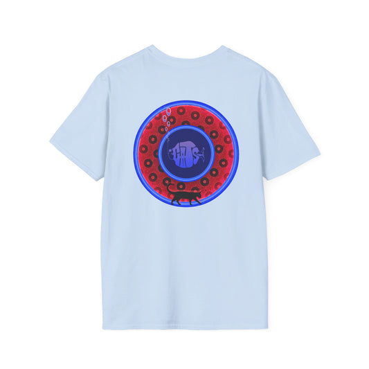 Classic Donut Tee - Unisex Soft-Style - "The Cat's Meow Donut' - red/blue paradox widemouthed donut