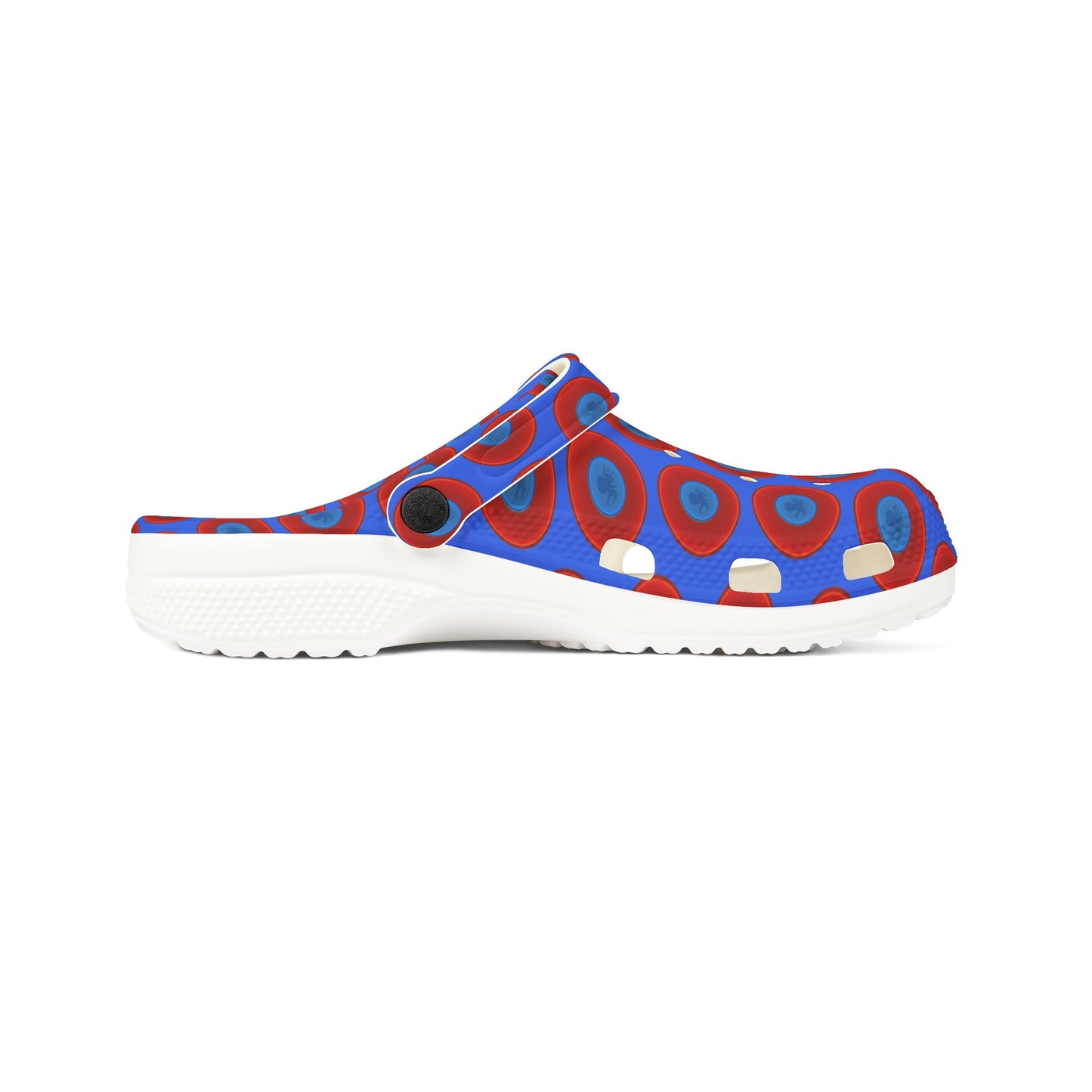 Spatchcocks - donut slip-on shoes - "Roger Moore's Octopussy Donut" - red vivid donuts w/royal blue background [unisex]