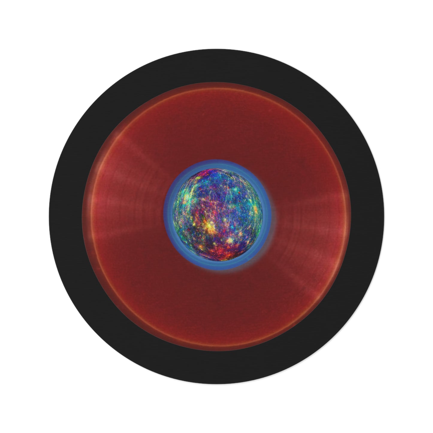 Round Room - 5 ft x 5 ft Lumpy Donut Rug - "Donut Rug of the Gods" - vivid red donut w/black background - variant 1