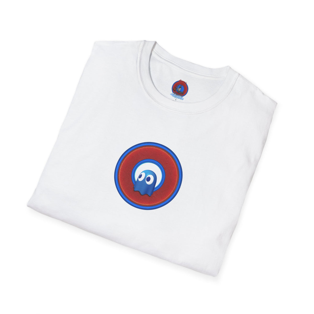Classic Donut Tee - Unisex Soft-Style - "The Story of the Donut - a Ghostly Good Time" - red/blue rustic donut - variant 1