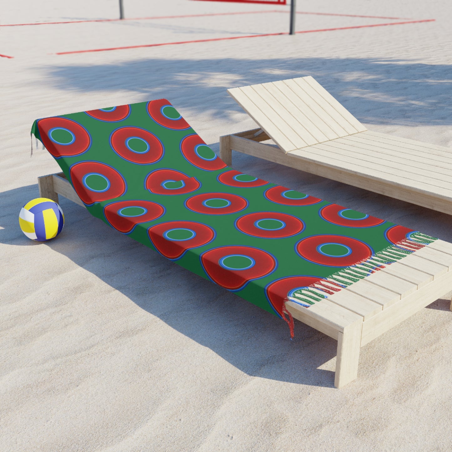 Oversized Lumpy Beach Towel - vivid red donuts w/green background