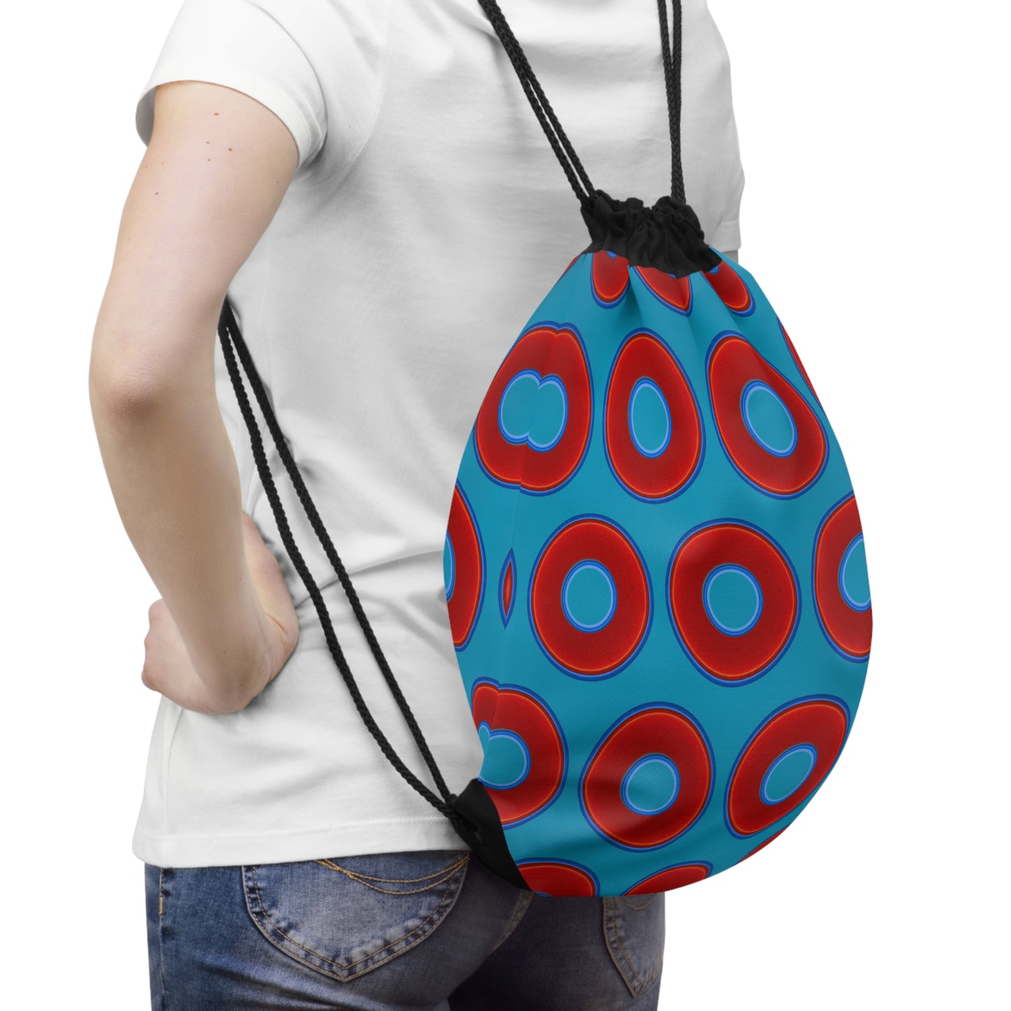 Lumpy Donut Drawstring Bag - red vivid donuts print w/aquamarine blue background