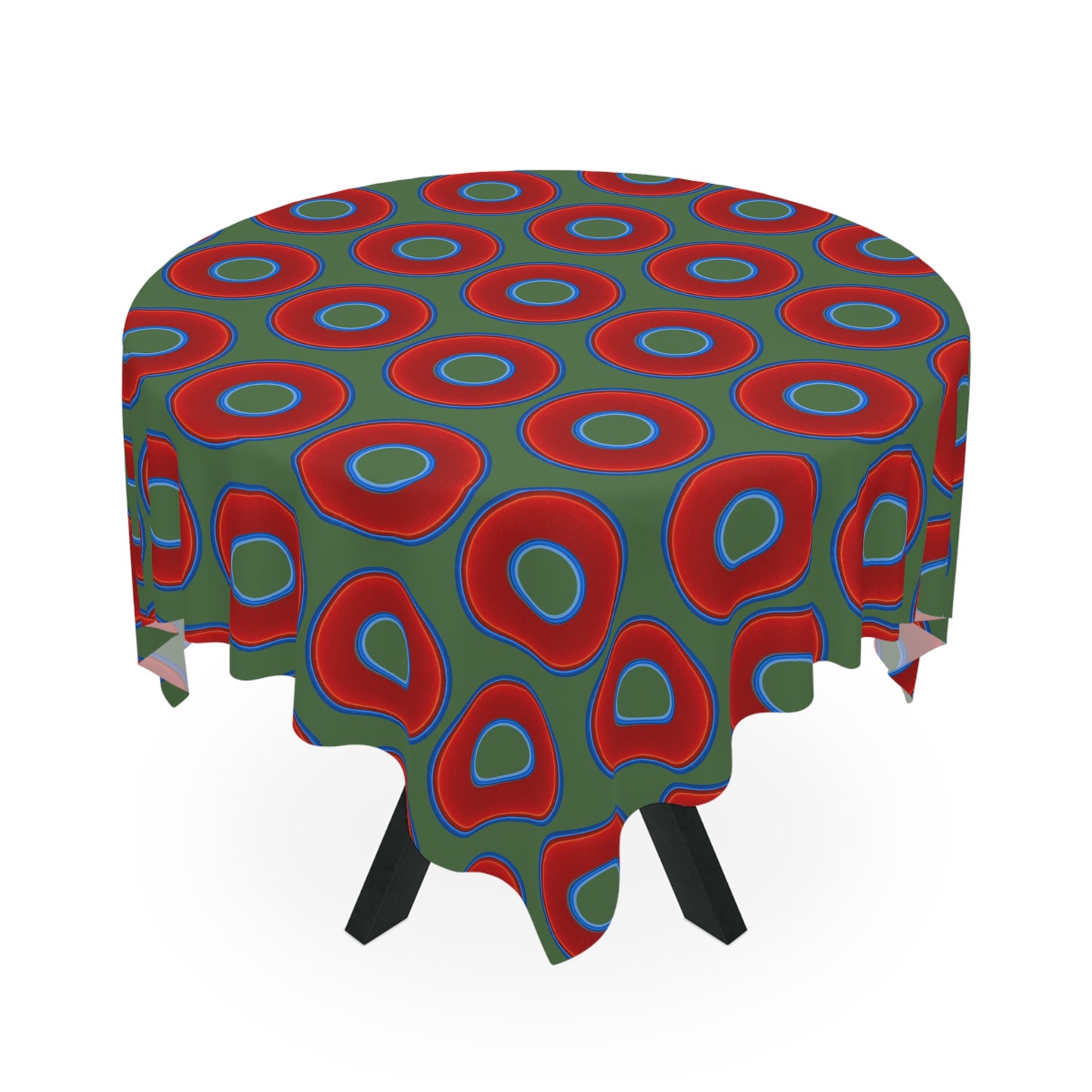 Lumpy Tablecloth - 55.1" x 55.1" - vivid red donuts w/dark green background