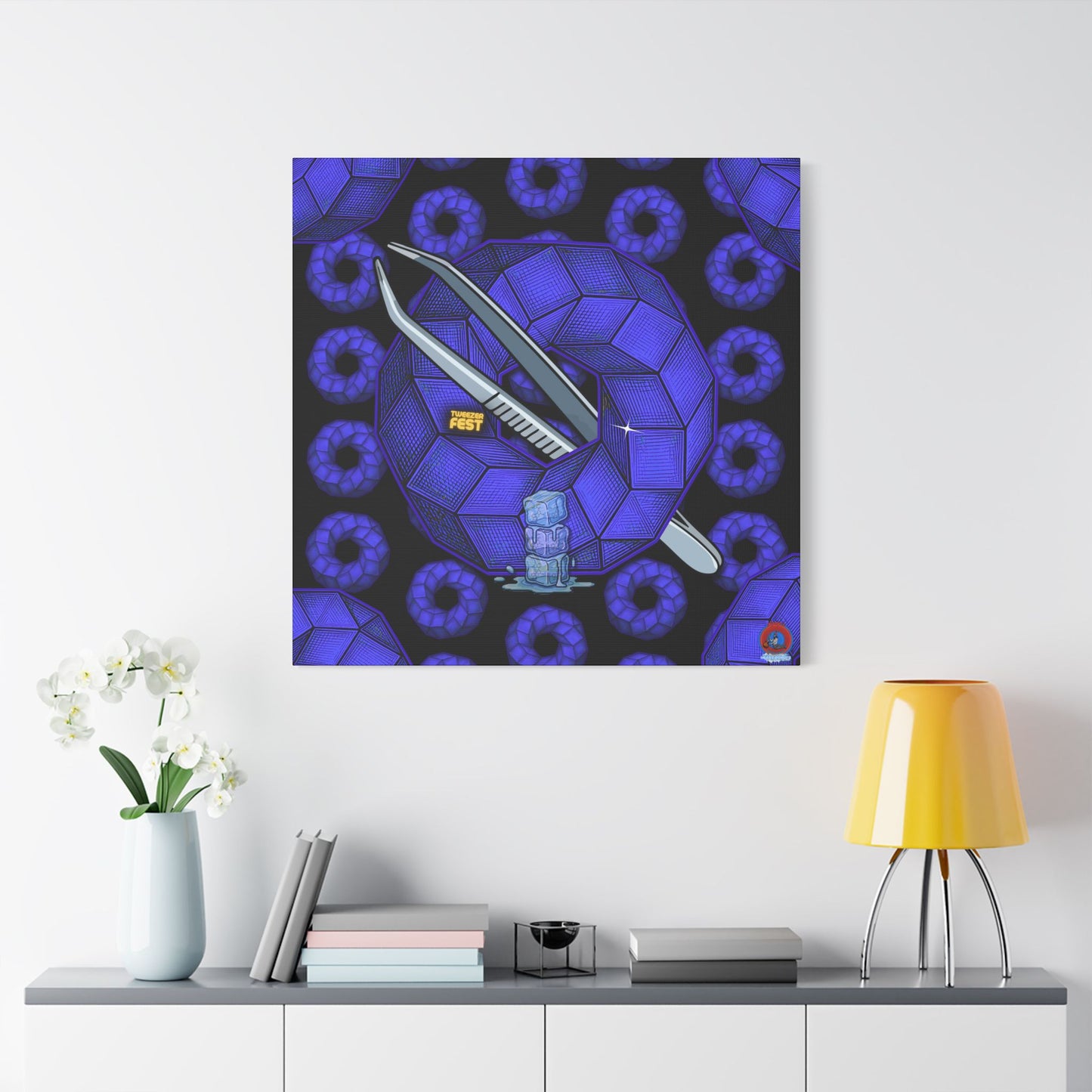 GIANT  Canvas [36" x 36"] - "Uncle Ebenezer's Donut" - blue cubed donuts - w/donut field - variant 1