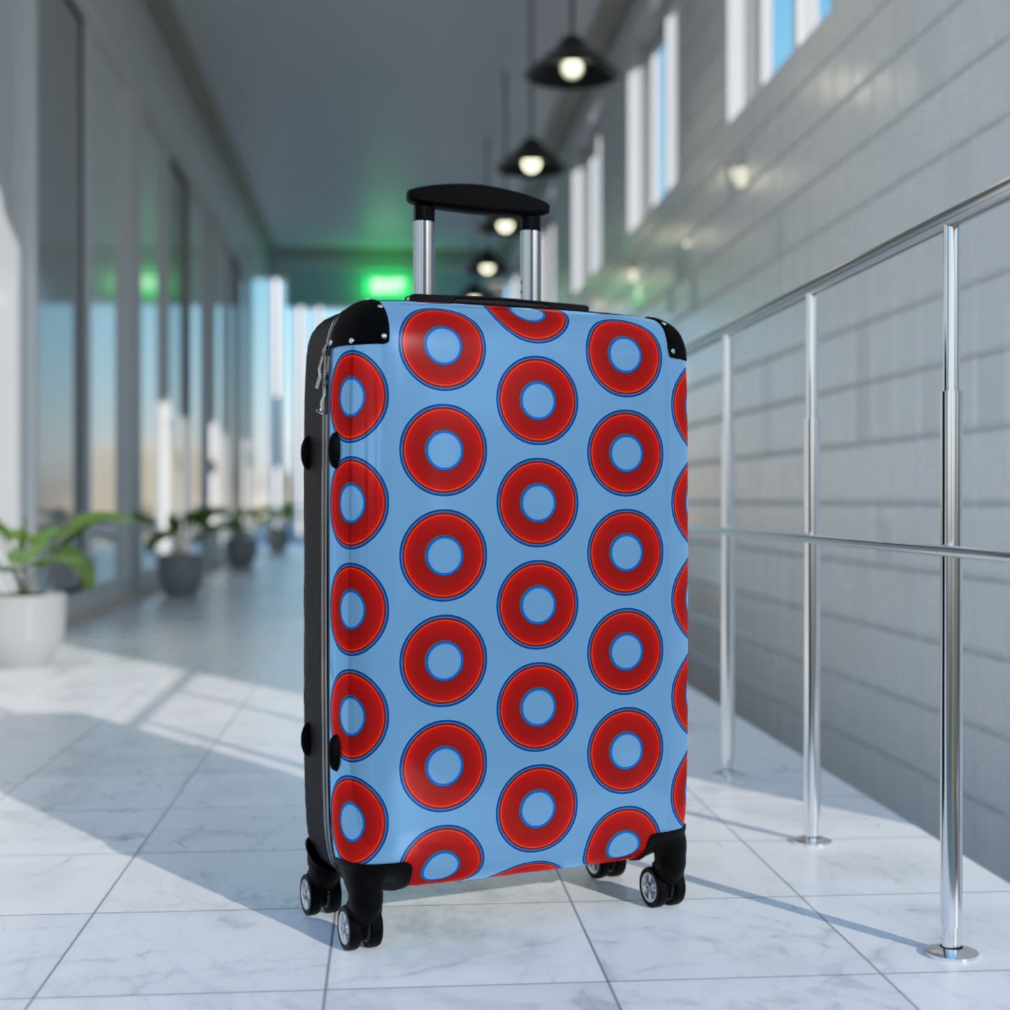 The Very Lumpy Donut Suitcase series - your choice of S, M or L - vivid red donut print w/light blue background