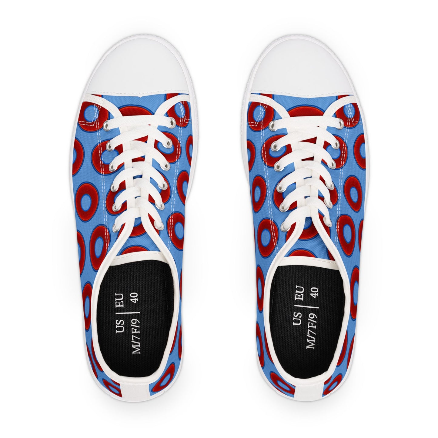 Women's - Low Top Chuck Taylors - large vivid red donut print w/light blue background