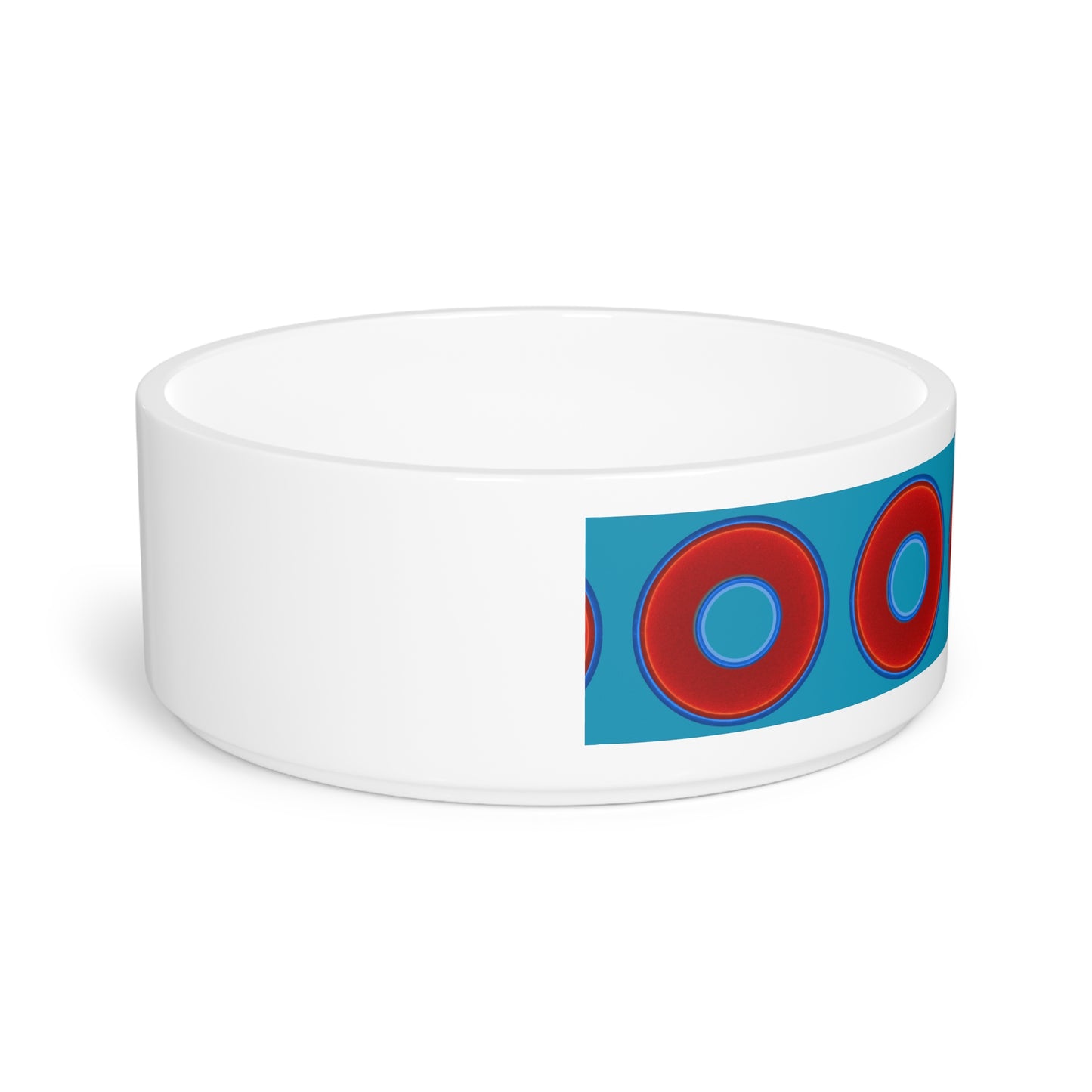 16 oz Lumpy Pet Bowl - vivid red donuts w/aquamarine blue background