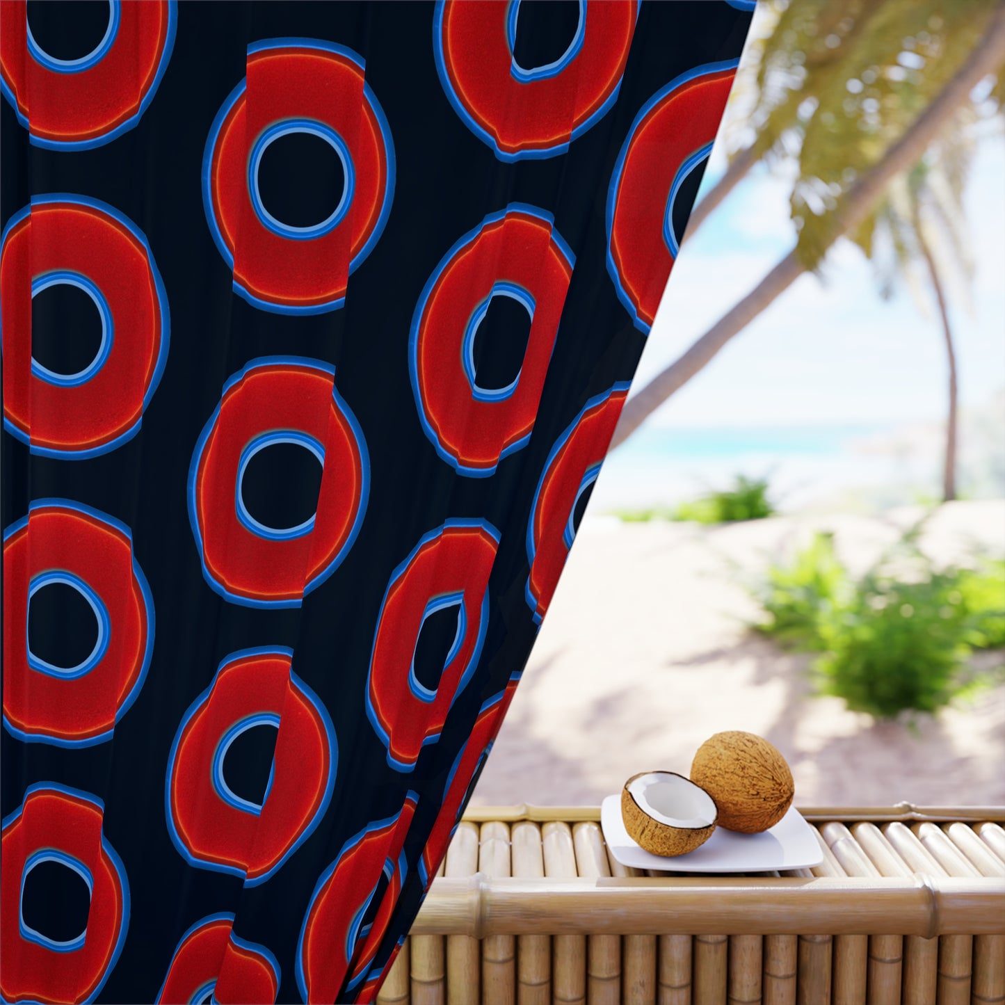 Lump's Heady Curtain w/Donuts - vivid red donut print - w/blue charcoal background - [*1 Piece / 50" x 84"]