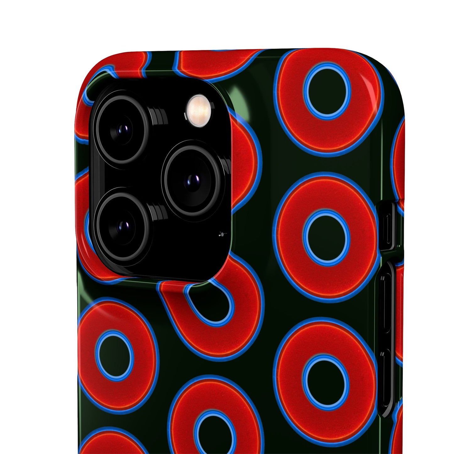 Lumpy Donut Snap Case - red vivid donut print w/midnight moss green background