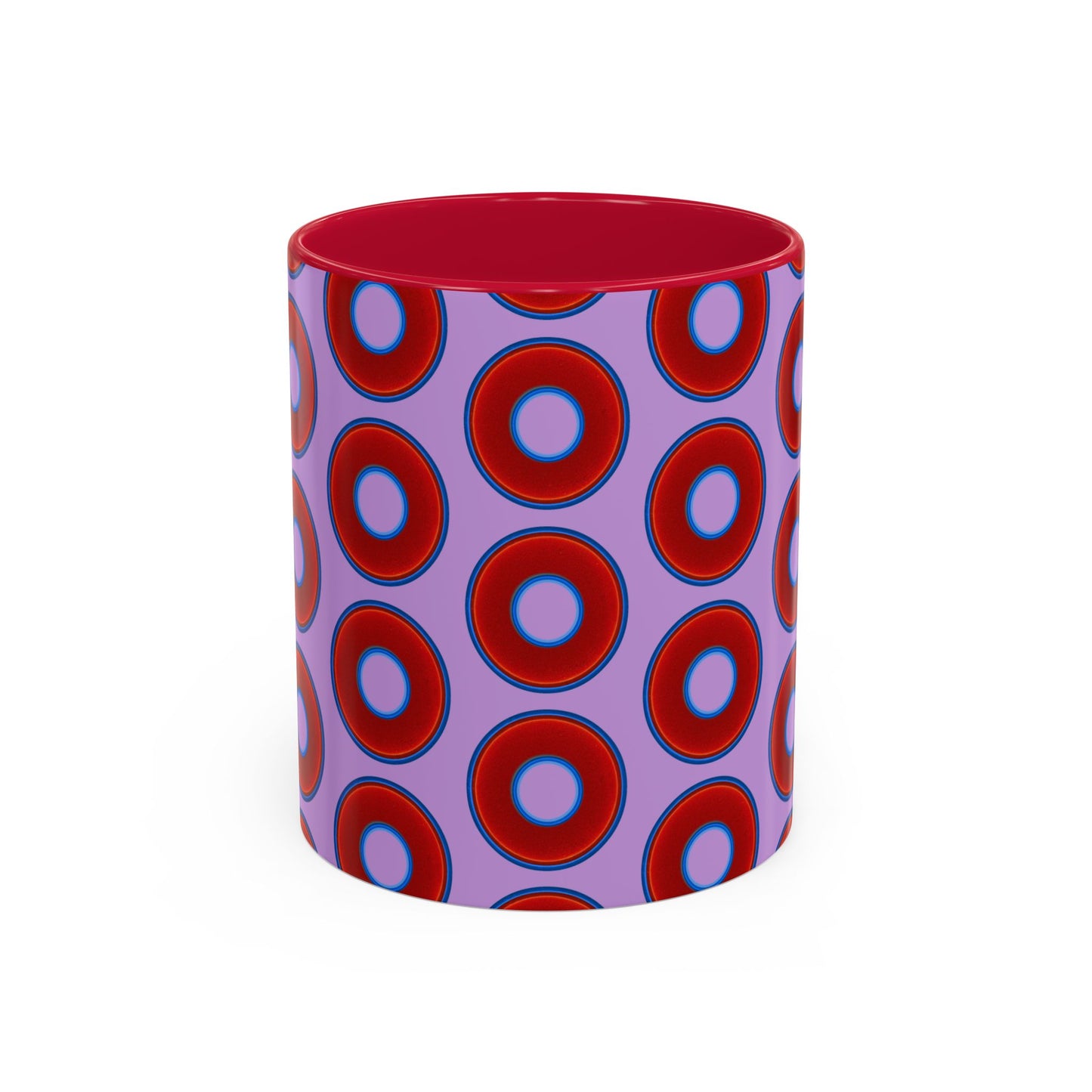 Lump's Grumpy Coffee Mug - vivid red donuts w/wisteria purple background