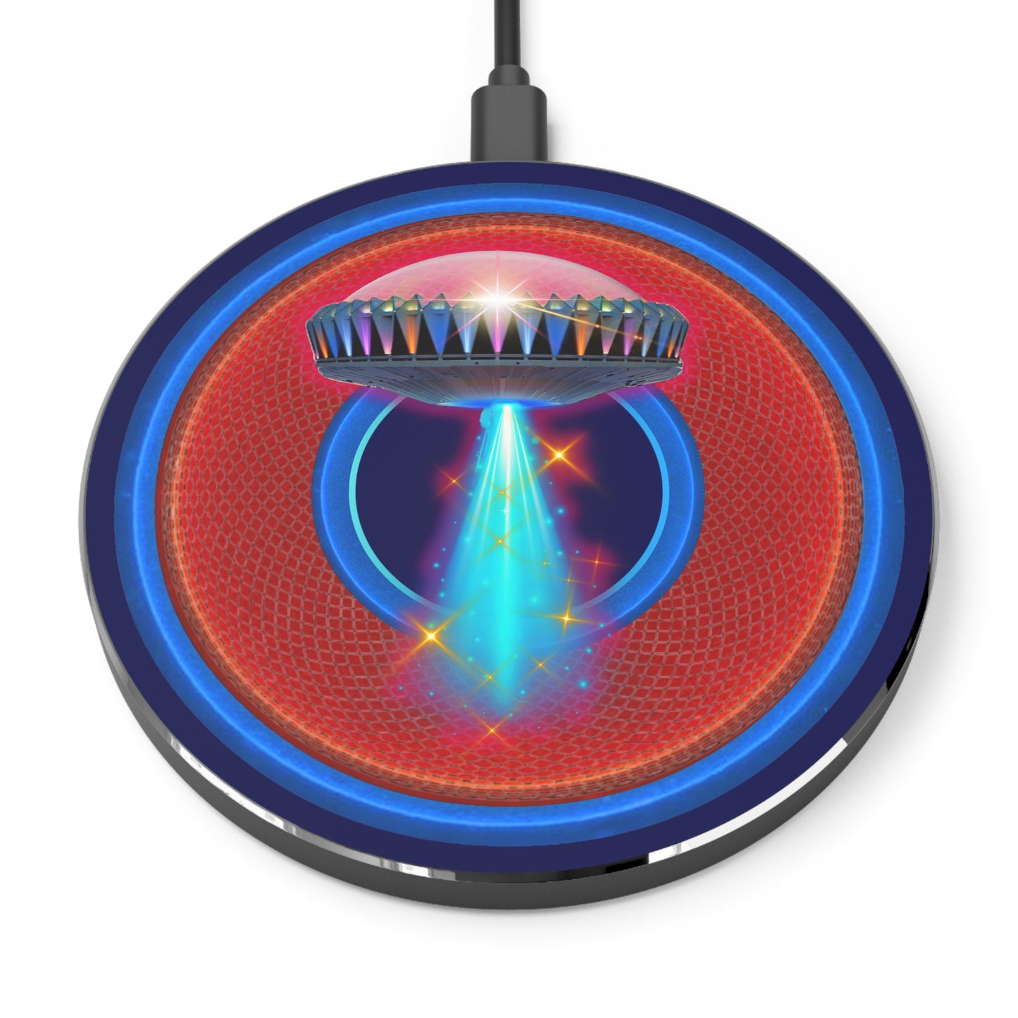 The Flow - Wireless Lumpy Donut Chargers - "They Have Wireless Charging on the Mothership Now" - rustic red/blue donut w/navy background - variant 1