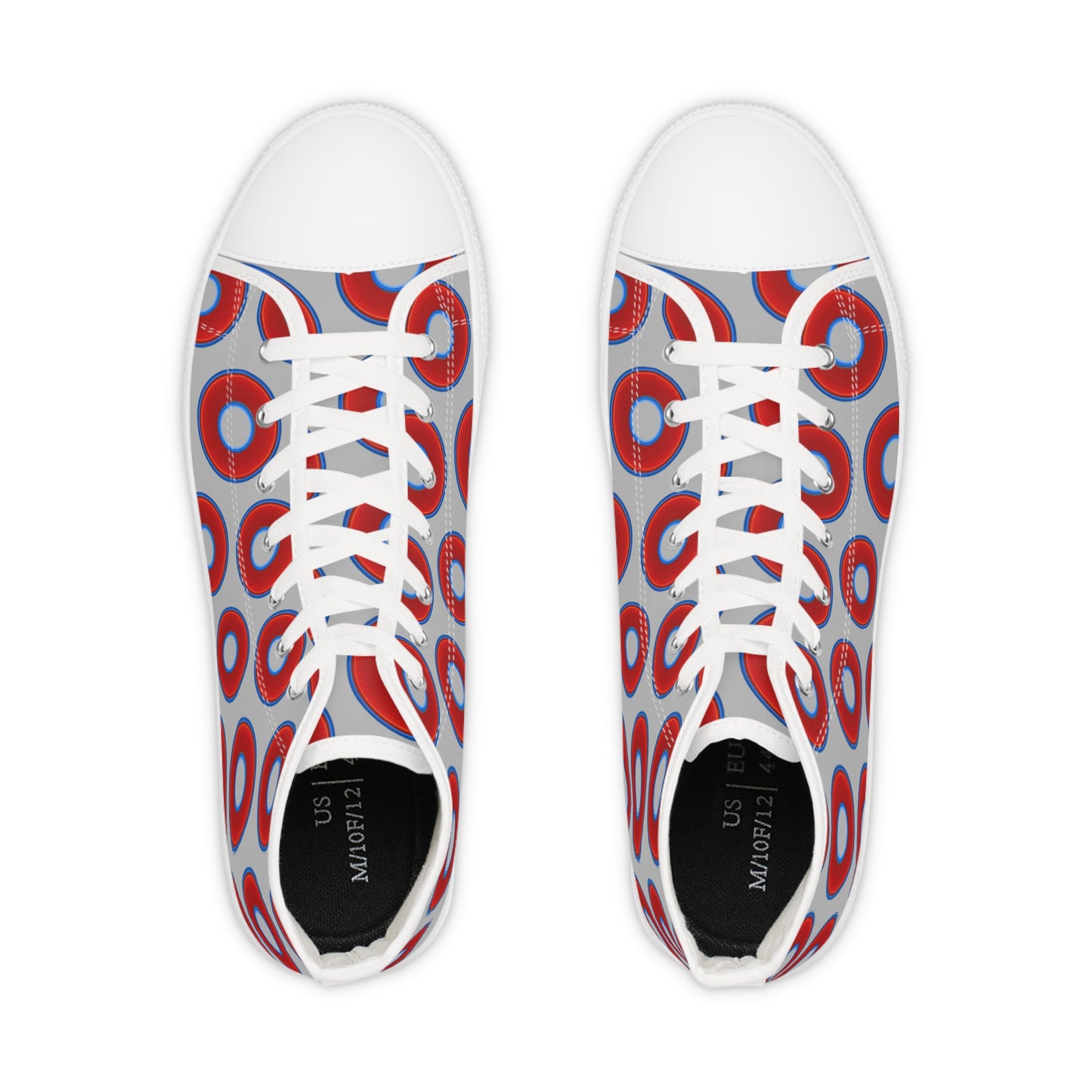 Men's High Top Chucks - large vivid red donut print w/light gray background