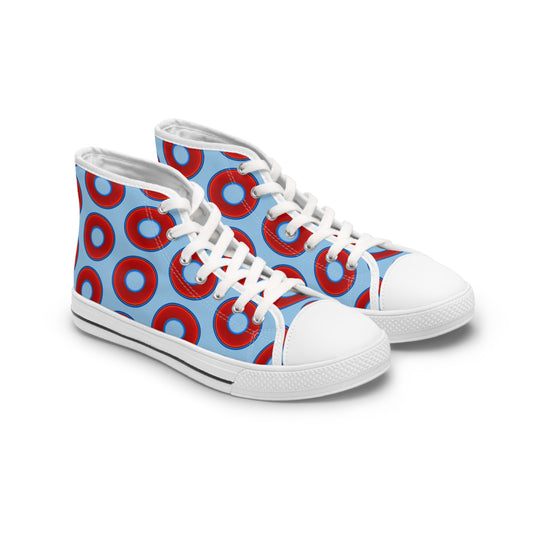 Women's High Top Chuck Taylors - large vivid red donut print w/light blue background