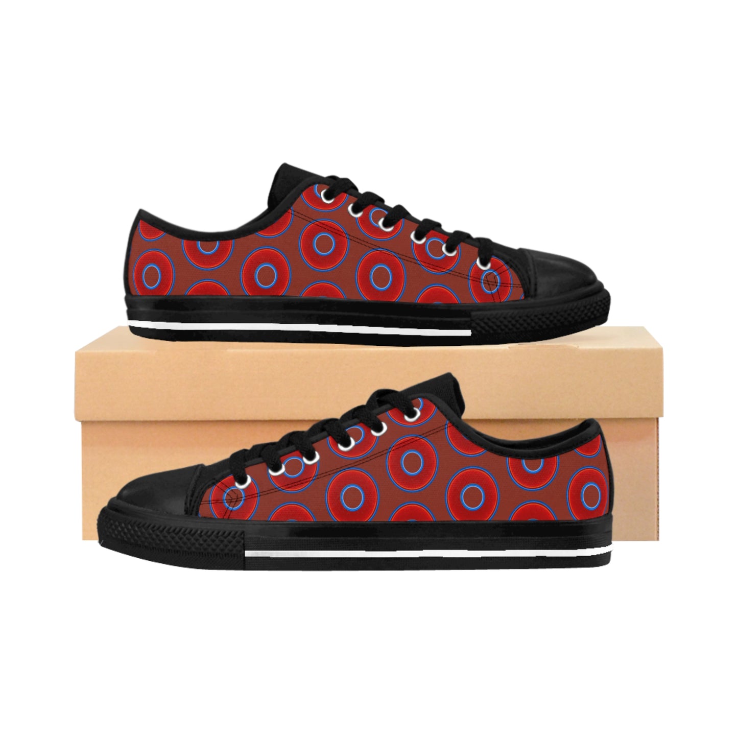 Men's Cushiony Convectors - Low Top - large red vivid donut print w/burnt umber background