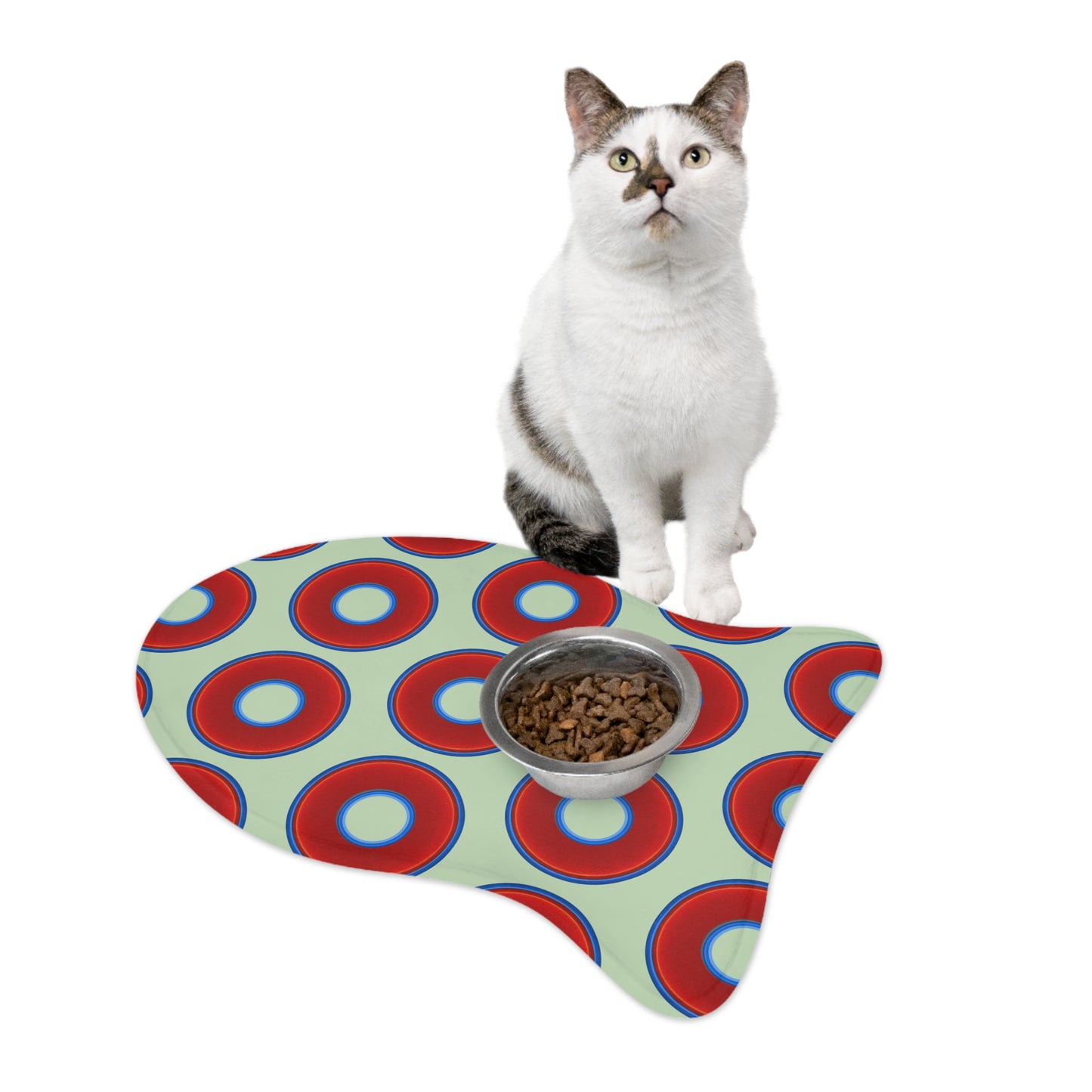Wendy's Lumpy Pet Feed Mat - vivid red donuts w/seafoam background