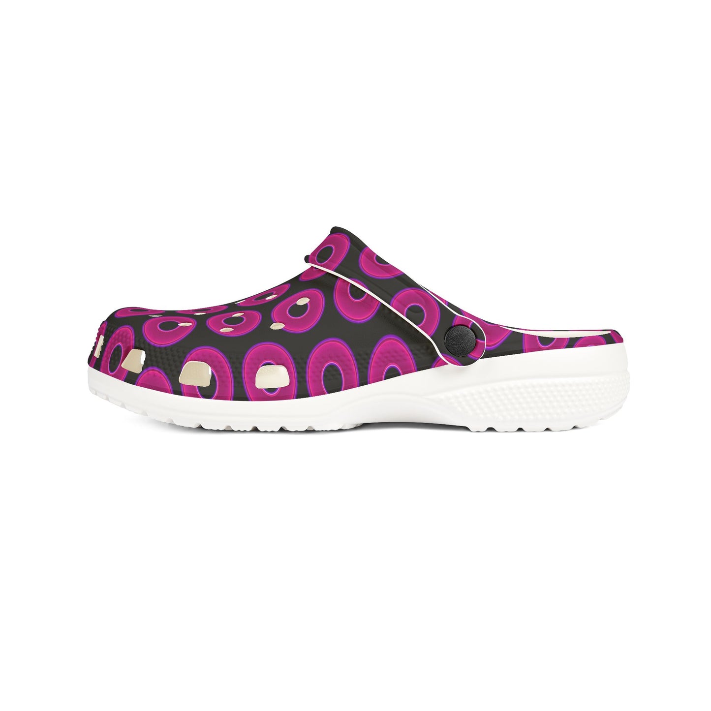 Spatchcocks - donut slip-on shoes - vivid magenta donuts w/black background [unisex]