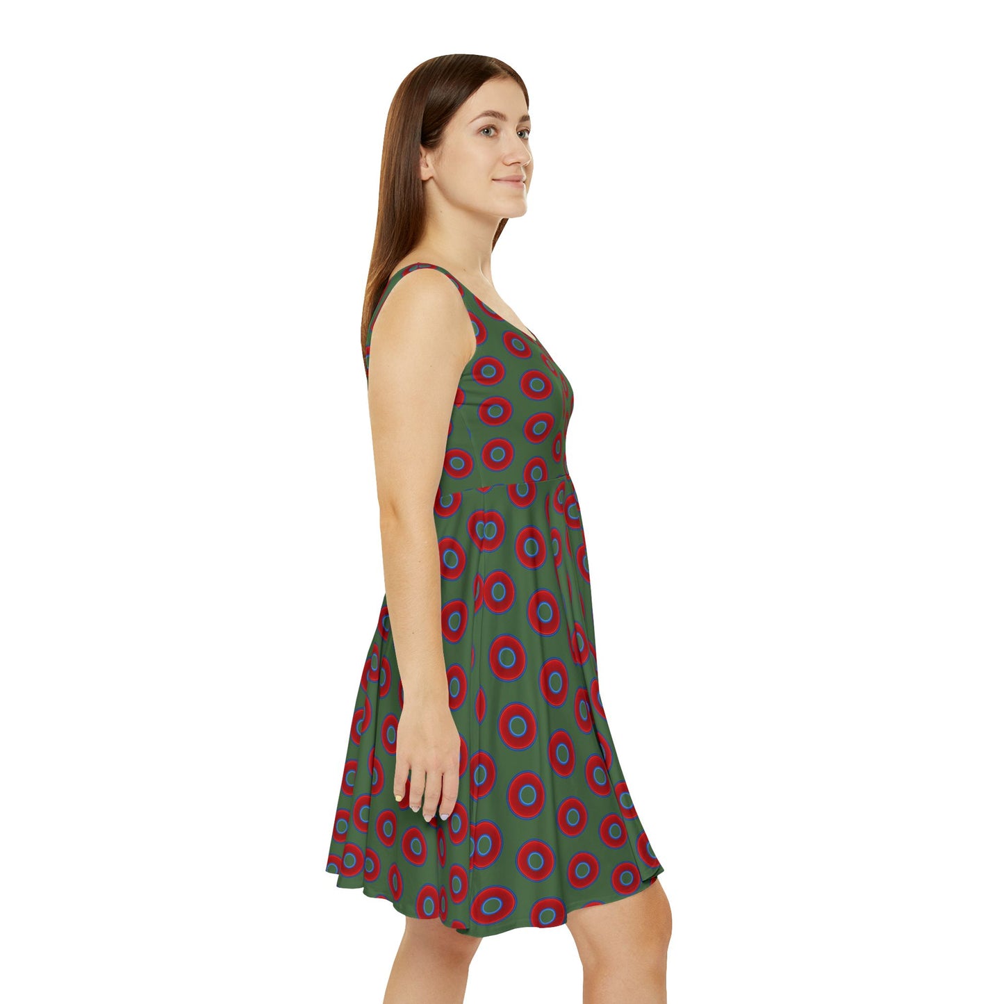Women's Skater Donut Dress - vivid red donut print w/dark green background