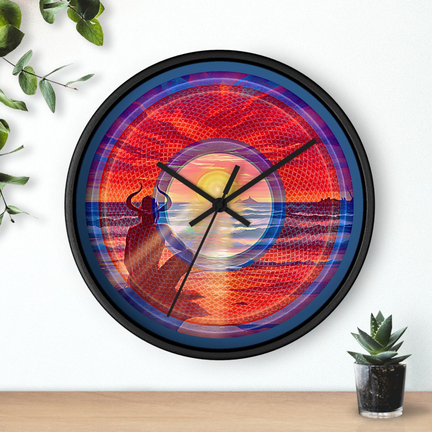 Lumpy Wall Clock - "The Squirming Donut of Sunset Clock" - red/blue rustic pic donut w/light navy background