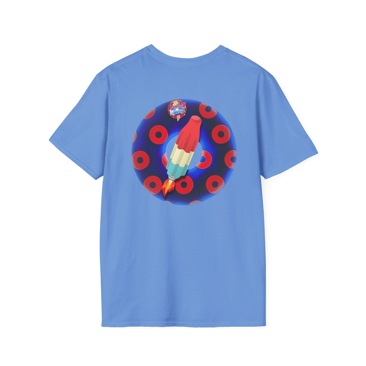 Classic Donut Tee - Unisex Soft-Style - "Blow this Popsicle Stand" - blue/red paradox bomb pop donut - variant 2