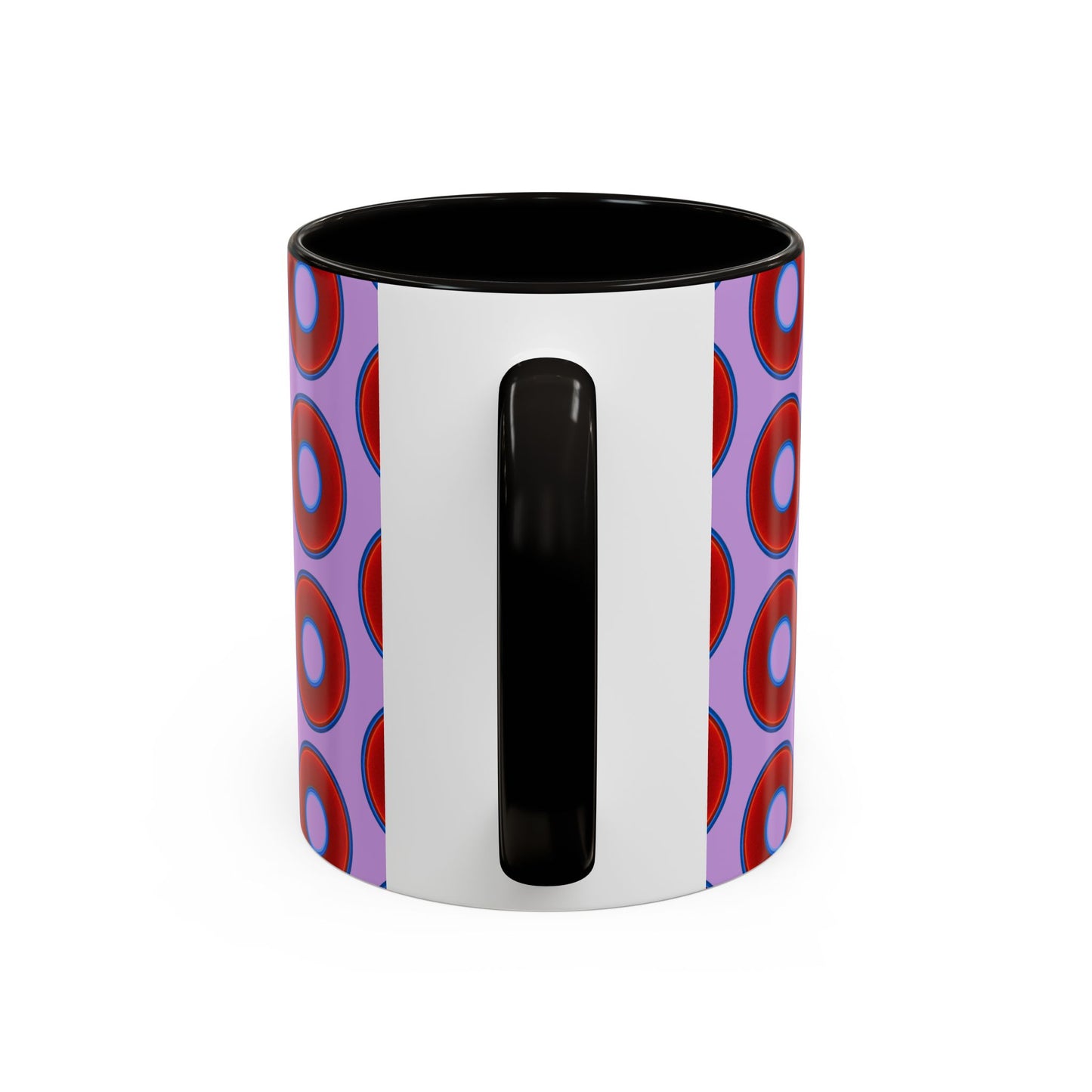Lump's Grumpy Coffee Mug - vivid red donuts w/wisteria purple background