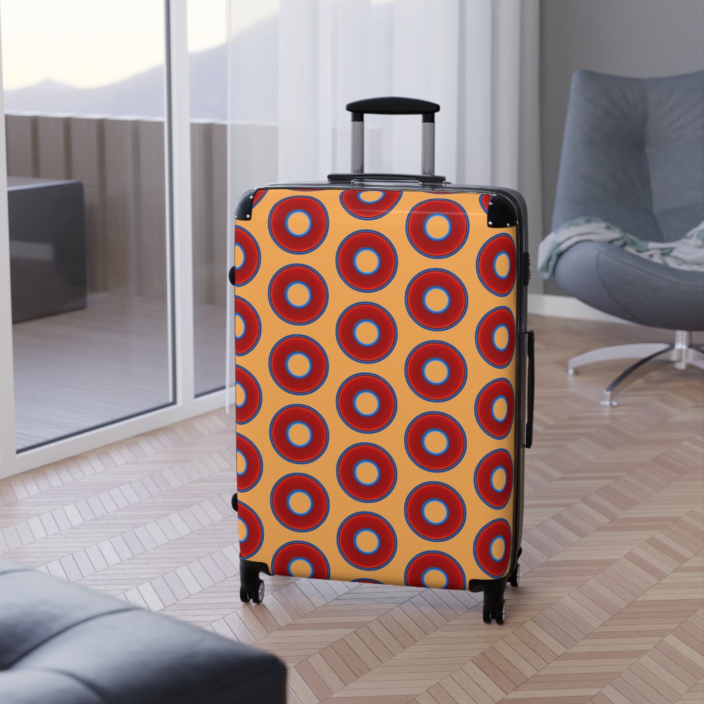 The Very Lumpy Donut Suitcase series - your choice of S, M or L - vivid red donut print w/creamcicle orange background
