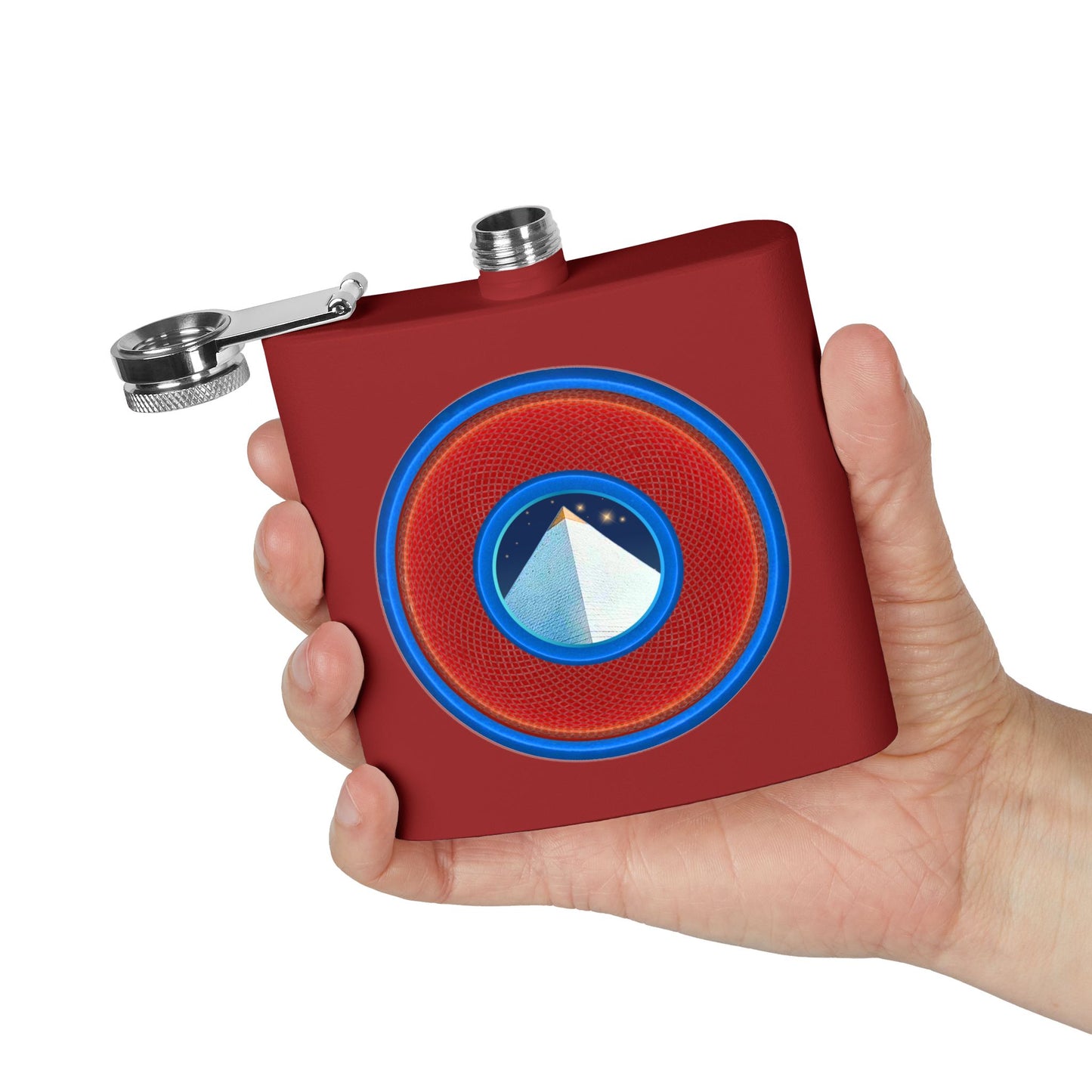 Lump's Donut Flask 6 oz -  "Limestone Flask" - red/light blue rustic donut - [*w/your choice of 6 backgrounds]