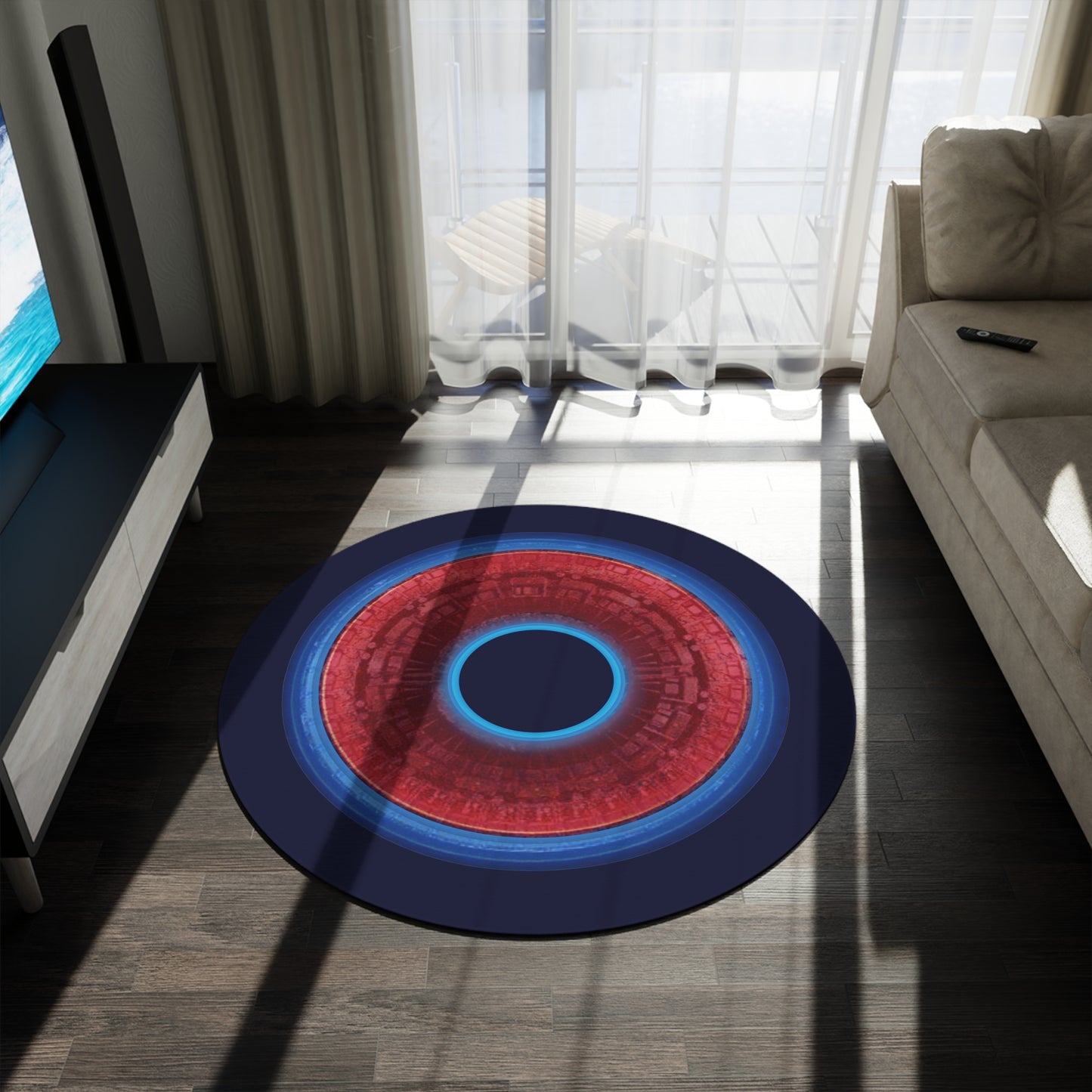 Round Room - 5 ft x 5 ft Lumpy Donut Rug - "Homer's The Perfect Donut Rug" - vivid red/blue tube donut w/dark navy background - variant 3