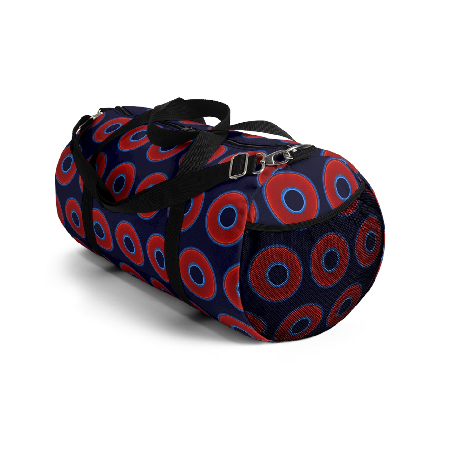Lumpy Duffel - vivid red donuts w/midnight blue background