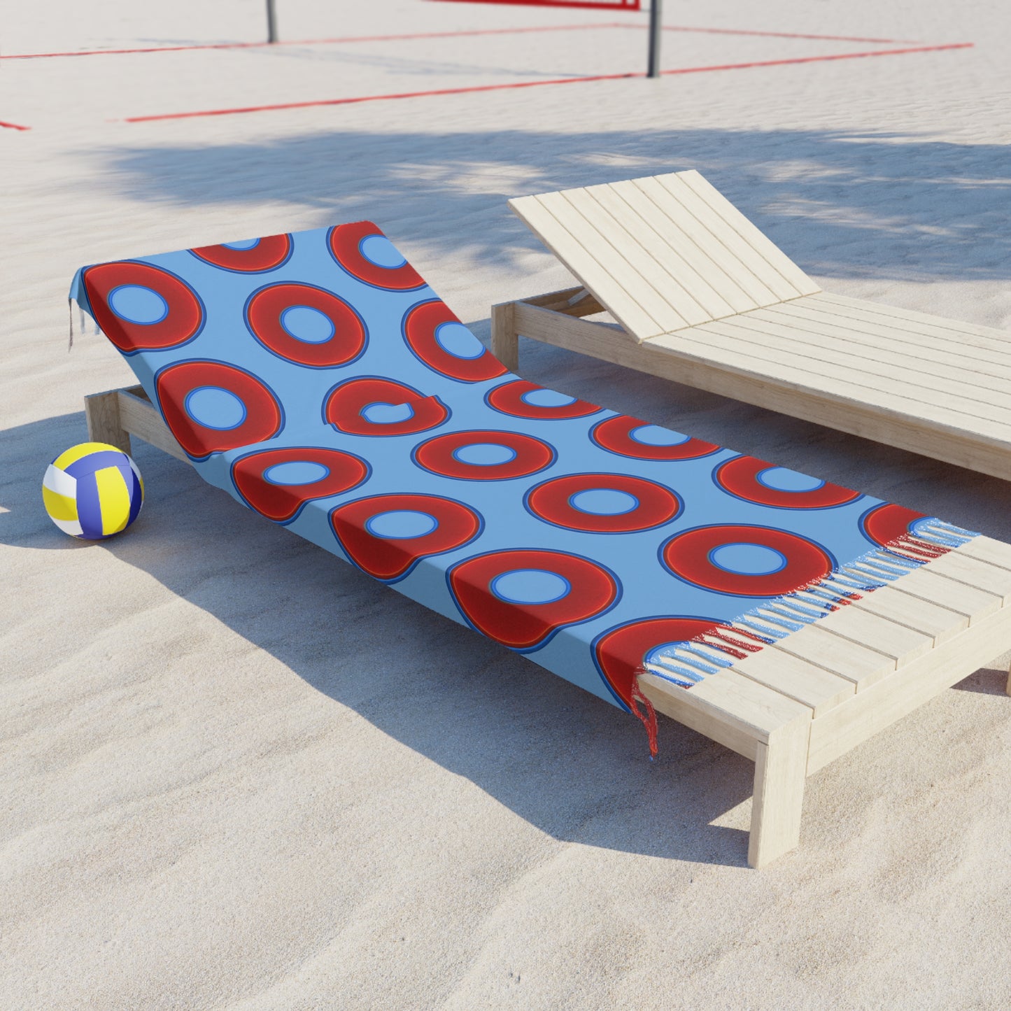 Oversized Lumpy Beach Towel - vivid red donuts w/light blue background