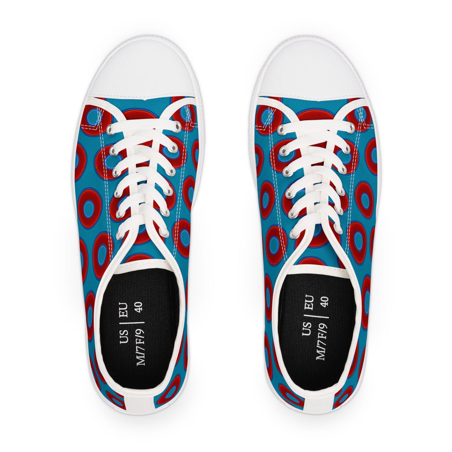Women's - Low Top Chuck Taylors - large vivid red donut print w/aquamarine blue background