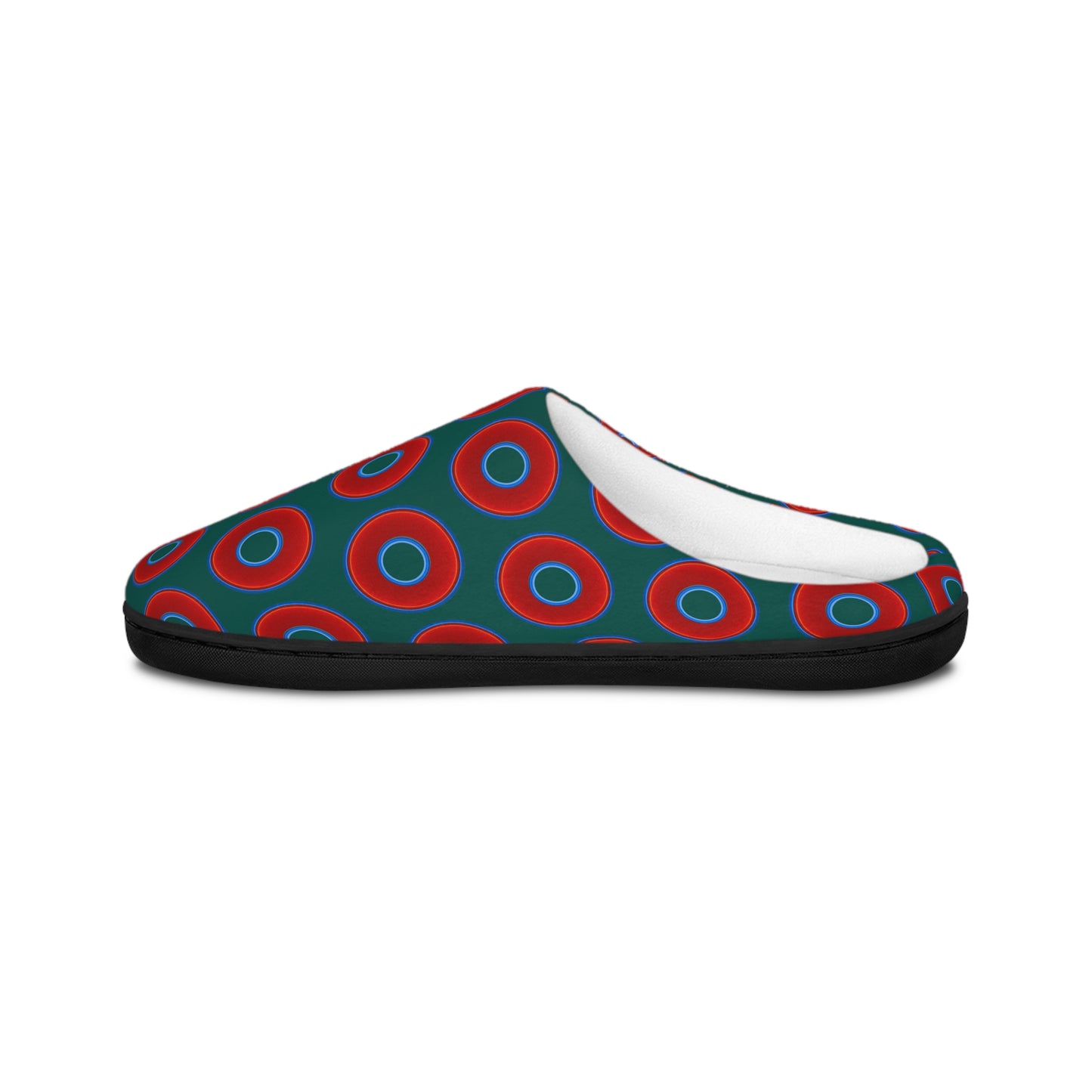 Women's Lumpy Slippers - red vivid donut print w/dark Fenway green background