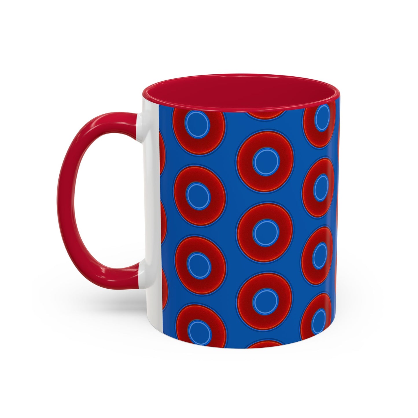 Lump's Grumpy Coffee Mug - vivid red donuts w/dark royal blue background