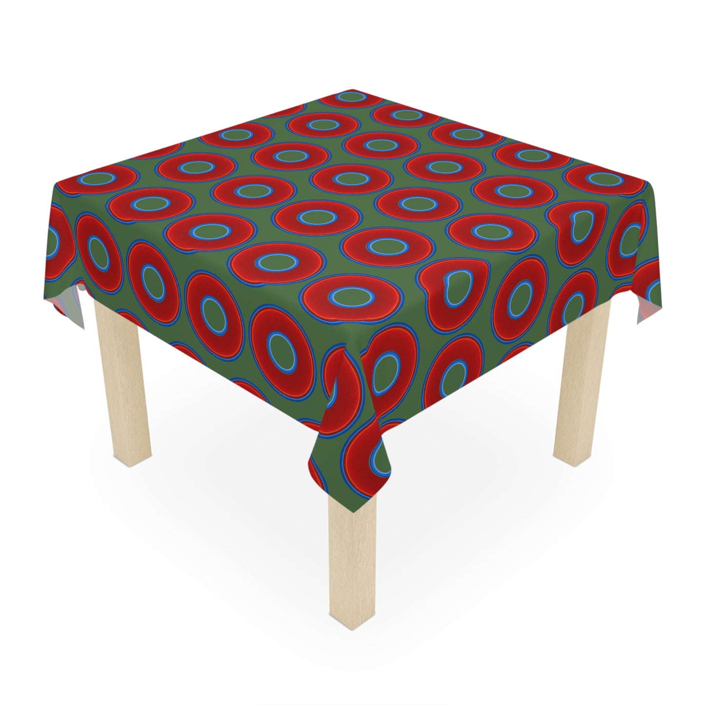 Lumpy Tablecloth - 55.1" x 55.1" - vivid red donuts w/dark green background